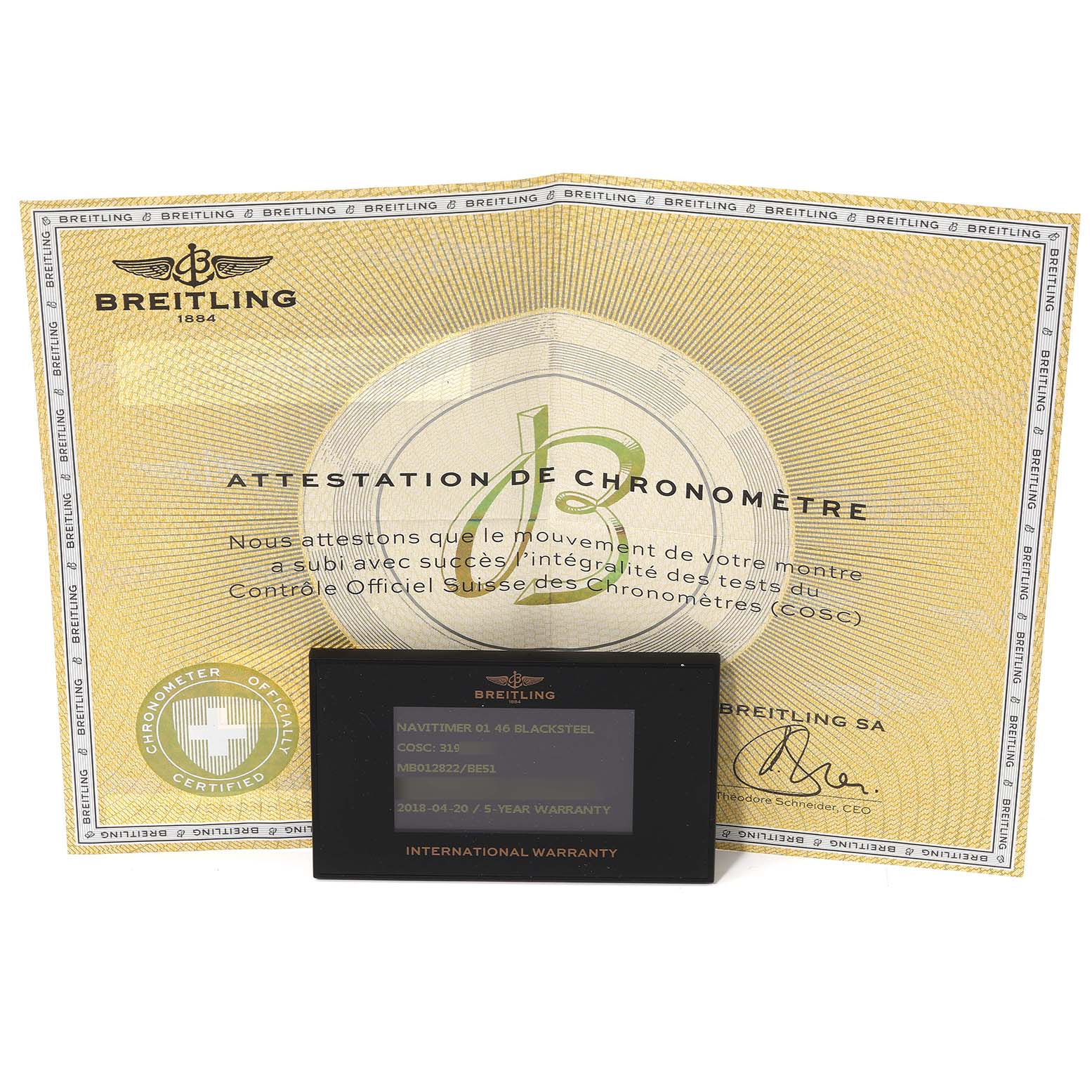 The image shows the warranty card and certificate of Best Quality
ity for a Breitling Navitimer MB012822/BE51 Men
s Stainless Steel Black Dial MB012822/BE51 Men
s Stainless Steel Black Dial model.