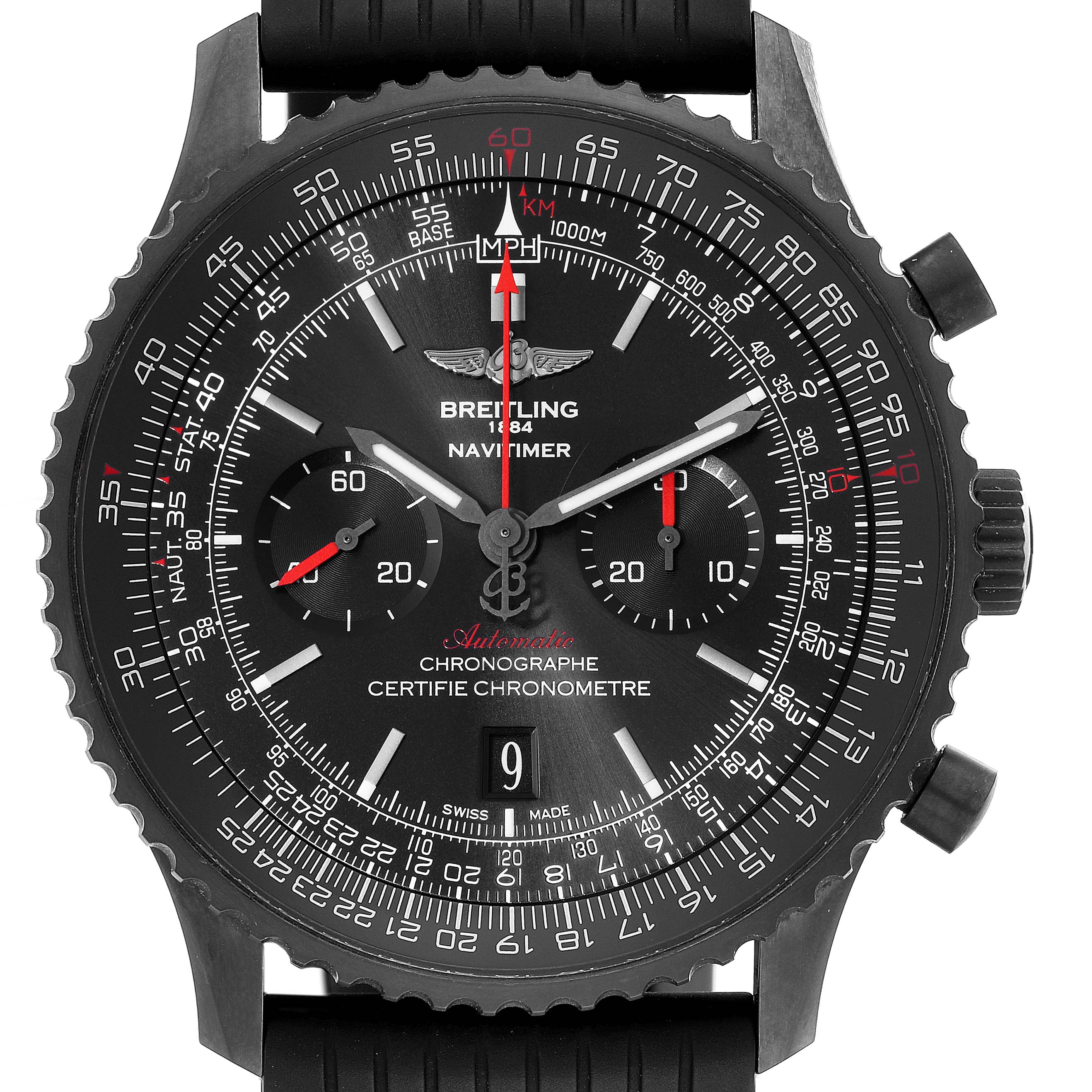 The image shows a front view of a Breitling Navitimer MB012822/BE51 Men
s Stainless Steel Black Dial MB012822/BE51 Men
s Stainless Steel Black Dial watch, highlighting its face, bezel, and subdials.