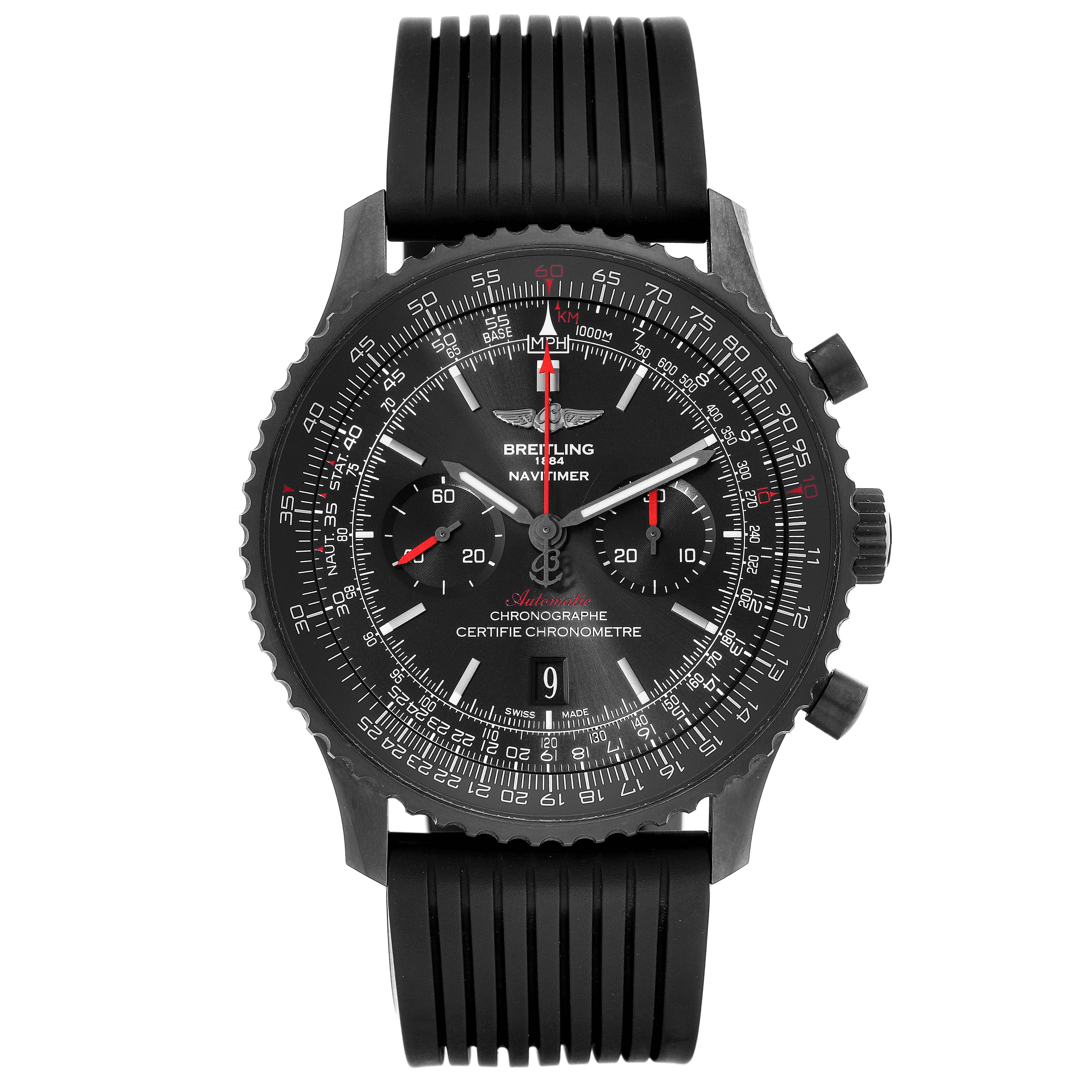 This image shows a front view of the Breitling Navitimer MB012822/BE51 Men
s Stainless Steel Black Dial MB012822/BE51 Men
s Stainless Steel Black Dial watch, highlighting its black chronograph dial and rubber strap.