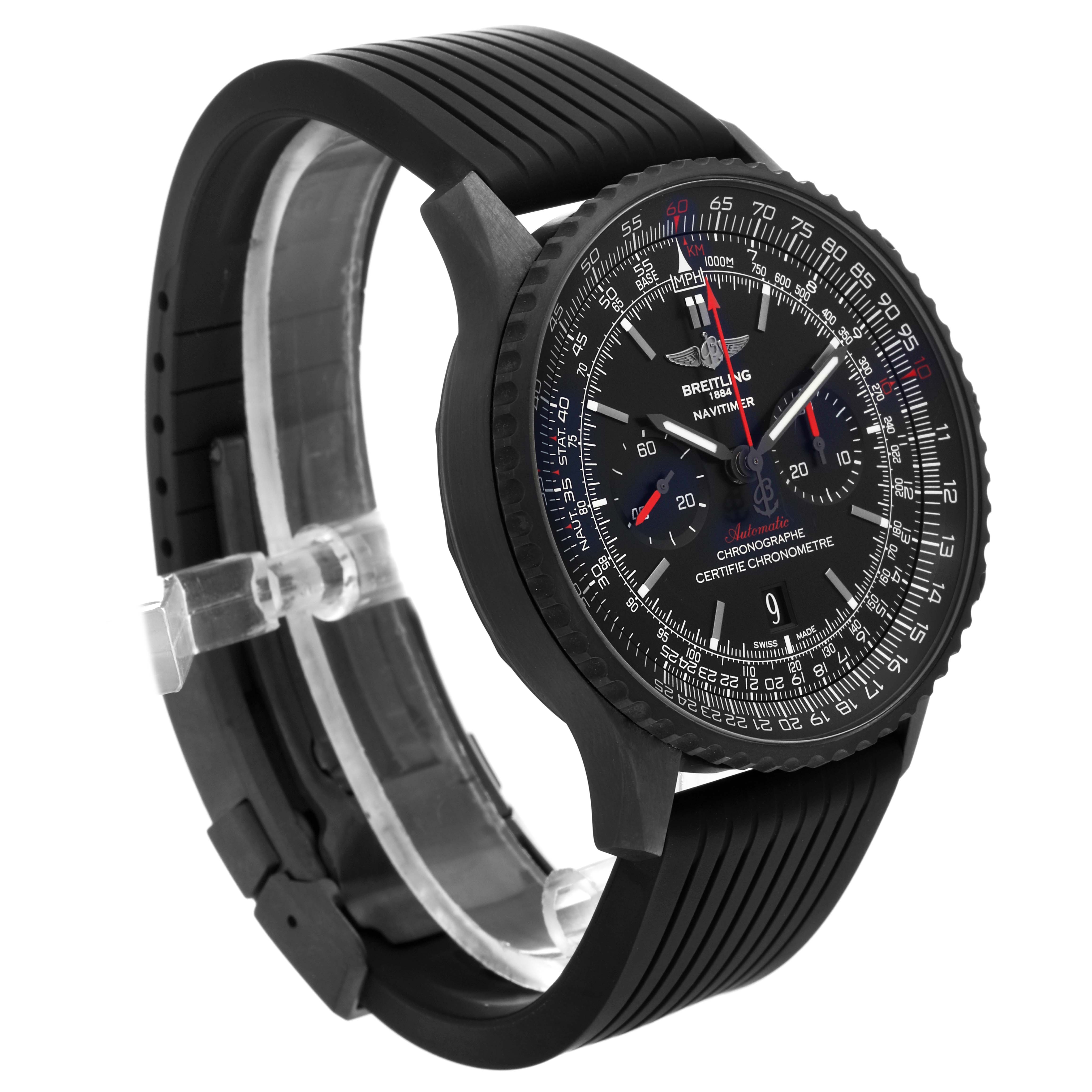 The Breitling Navitimer MB012822/BE51 Men
s Stainless Steel Black Dial MB012822/BE51 Men
s Stainless Steel Black Dial watch is shown at a 3/4 angle, featuring the bezel, dial, and strap.