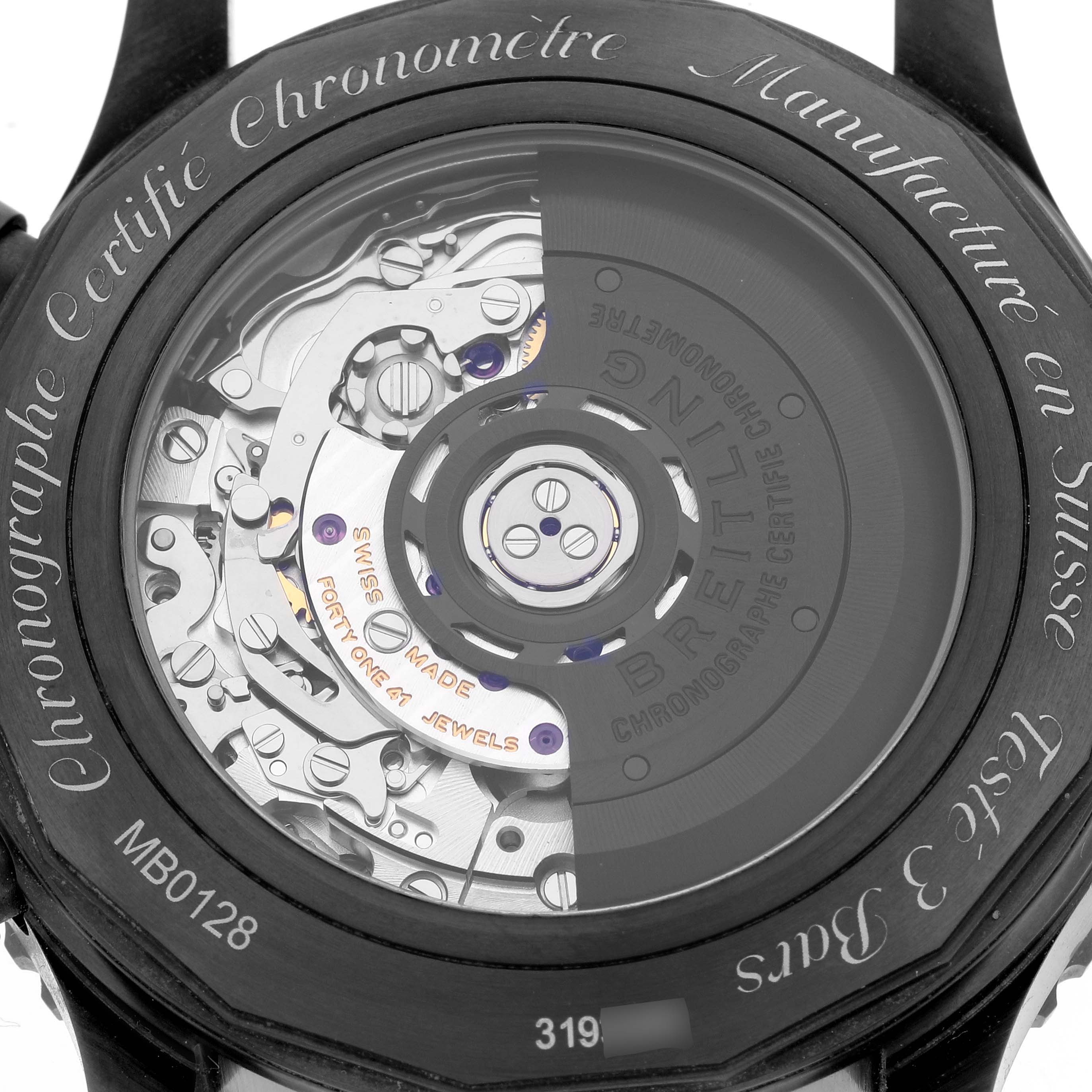 This is the rear view of a Breitling Navitimer MB012822/BE51 Men
s Stainless Steel Black Dial MB012822/BE51 Men
s Stainless Steel Black Dial watch, showing its intricate movement and certification engravings.