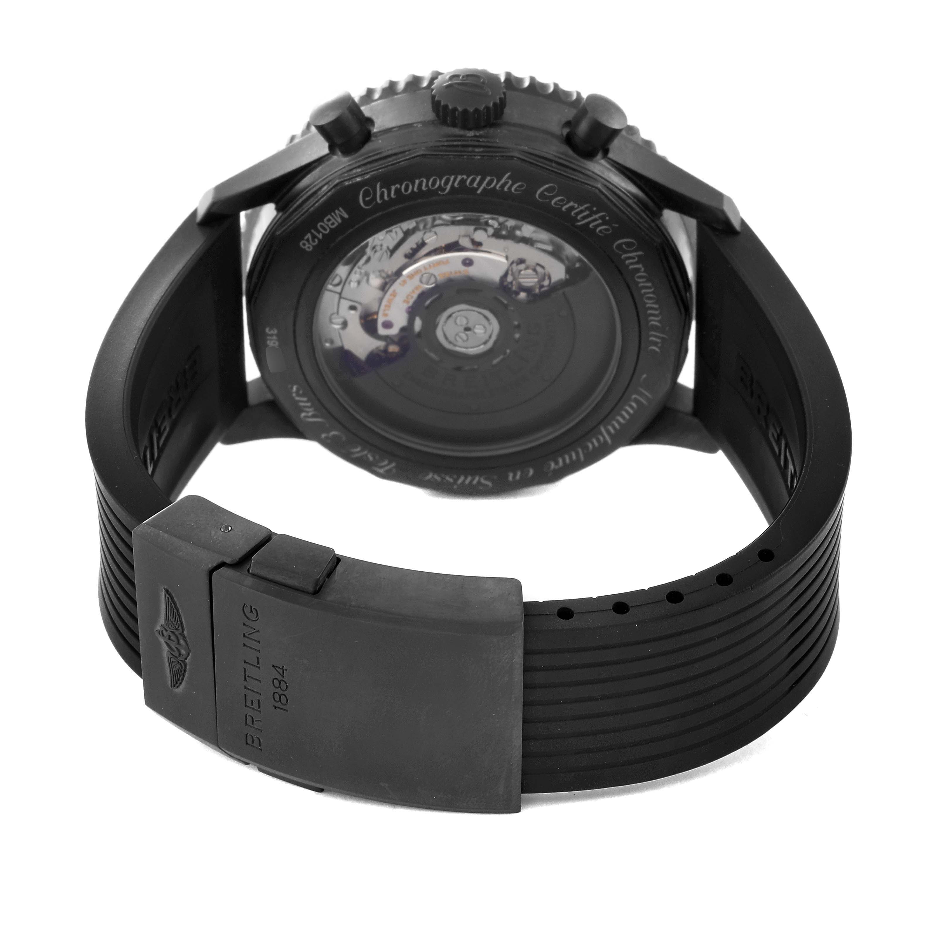 This image shows the back view of the Breitling Navitimer MB012822/BE51 Men
s Stainless Steel Black Dial MB012822/BE51 Men
s Stainless Steel Black Dial watch, highlighting the buckle and automatic movement through the transparent case back.