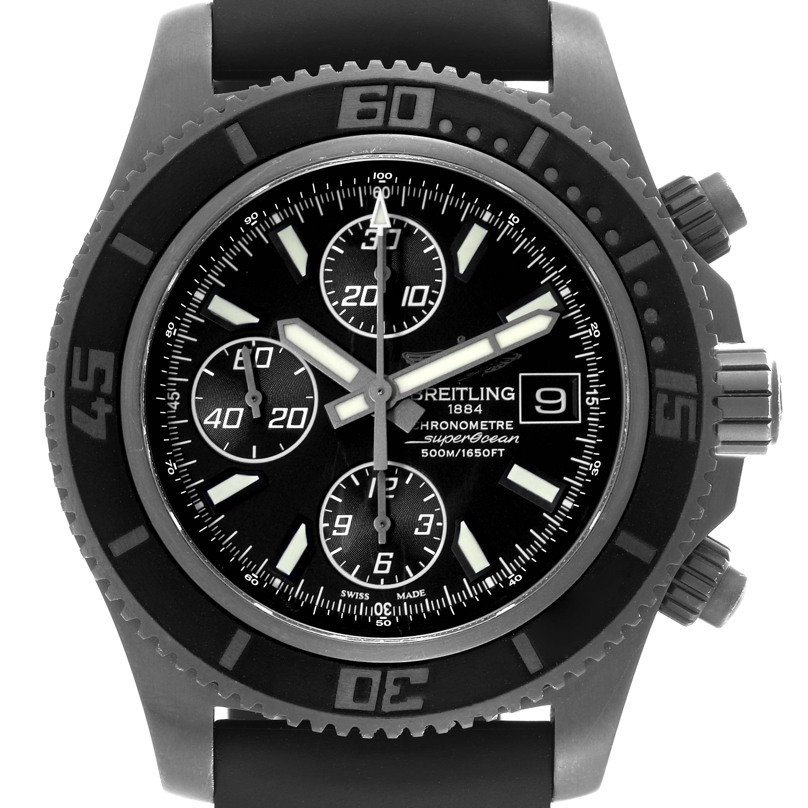 The image shows a front view of a Breitling Superocean M13341 Men's Stainless Steel Black Dial M13341 Men's Stainless Steel Black Dial watch, highlighting its black dial, bezel, chronograph subdials, and date window.