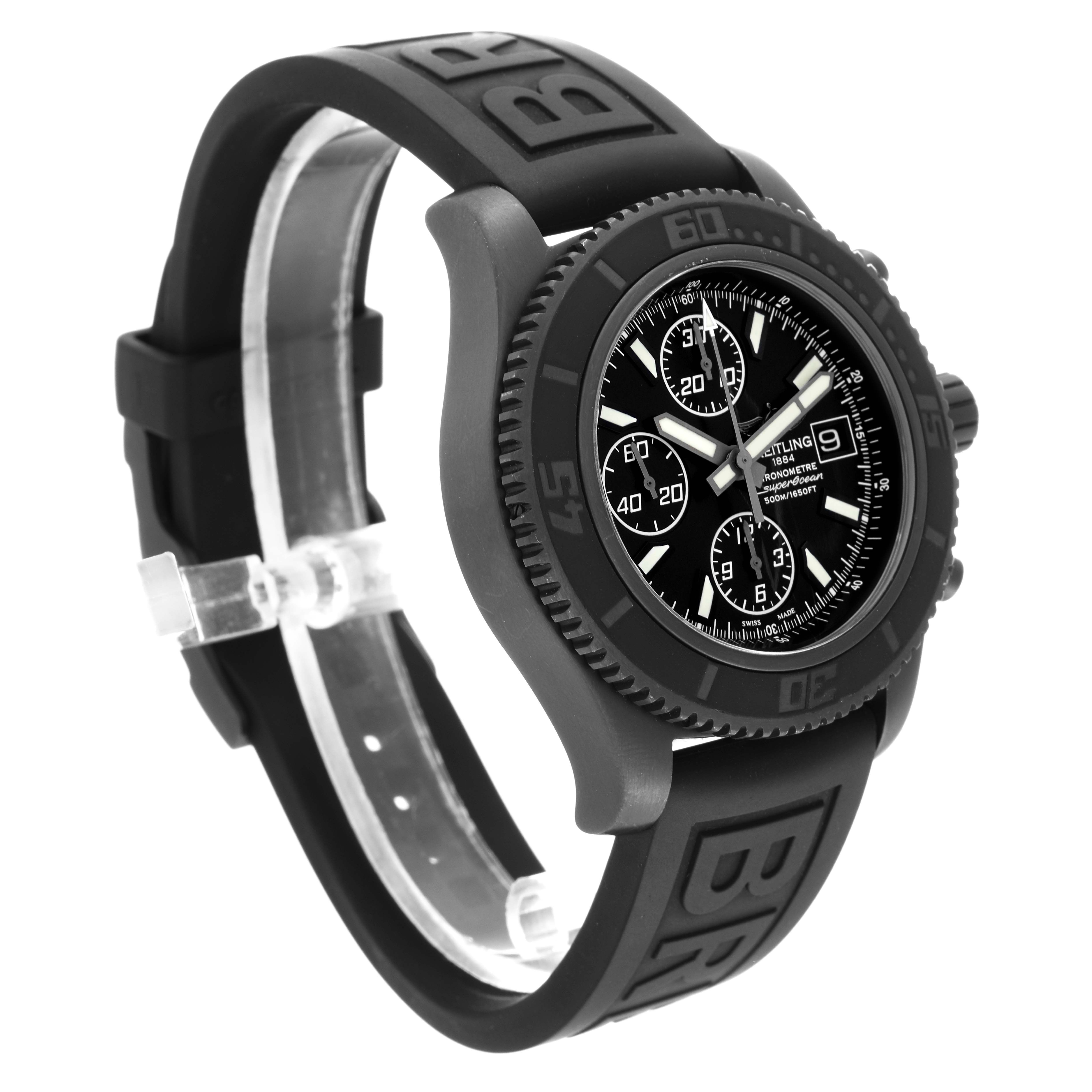 The image shows a Breitling Limited Series watch at an angle highlighting its black dial, bezel, and rubber strap.