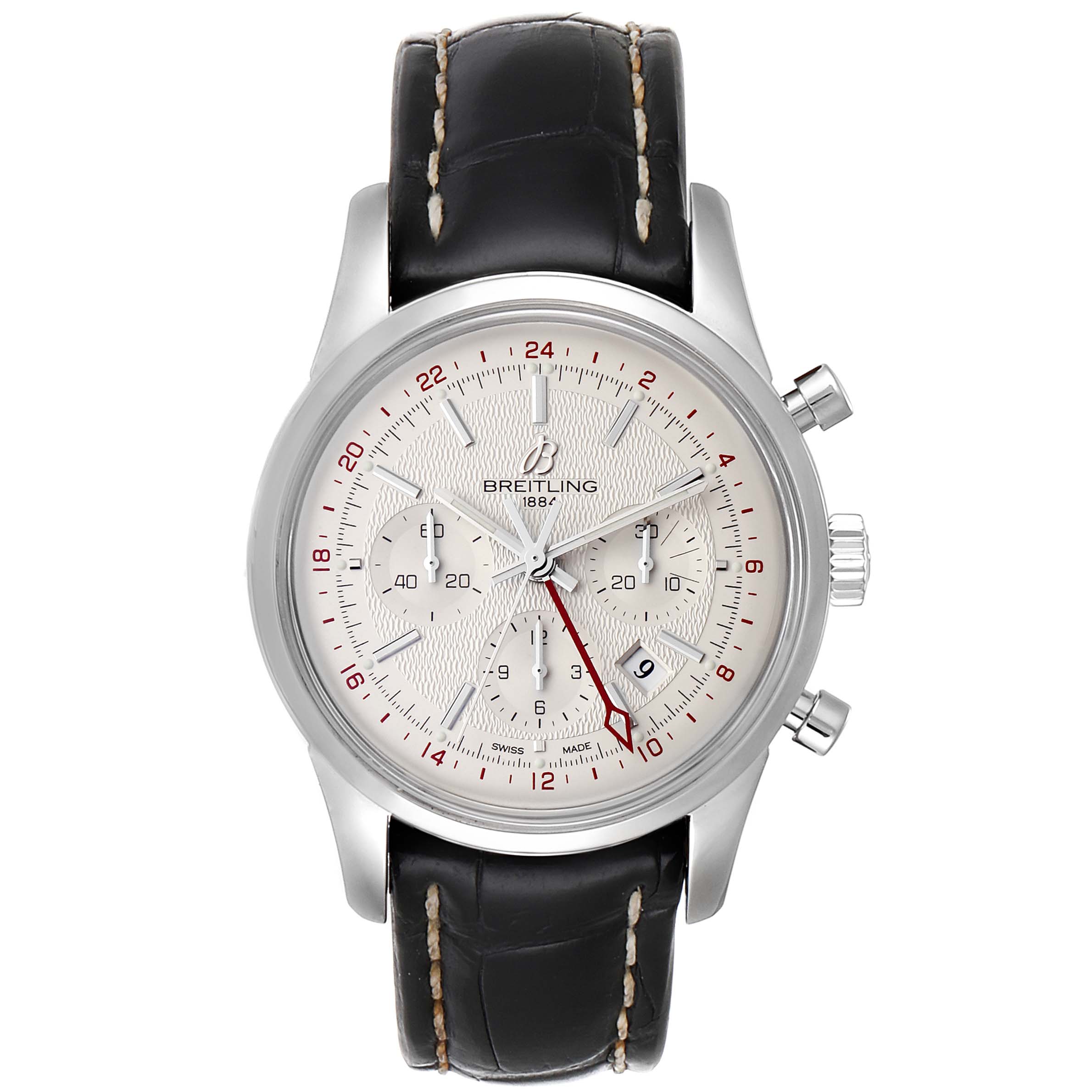 This image shows a Breitling Transocean AB0451 Men's Stainless Steel Silver Dial AB0451 Men's Stainless Steel Silver Dial watch, featuring a front view with a black leather strap and a white dial with multiple subdials.