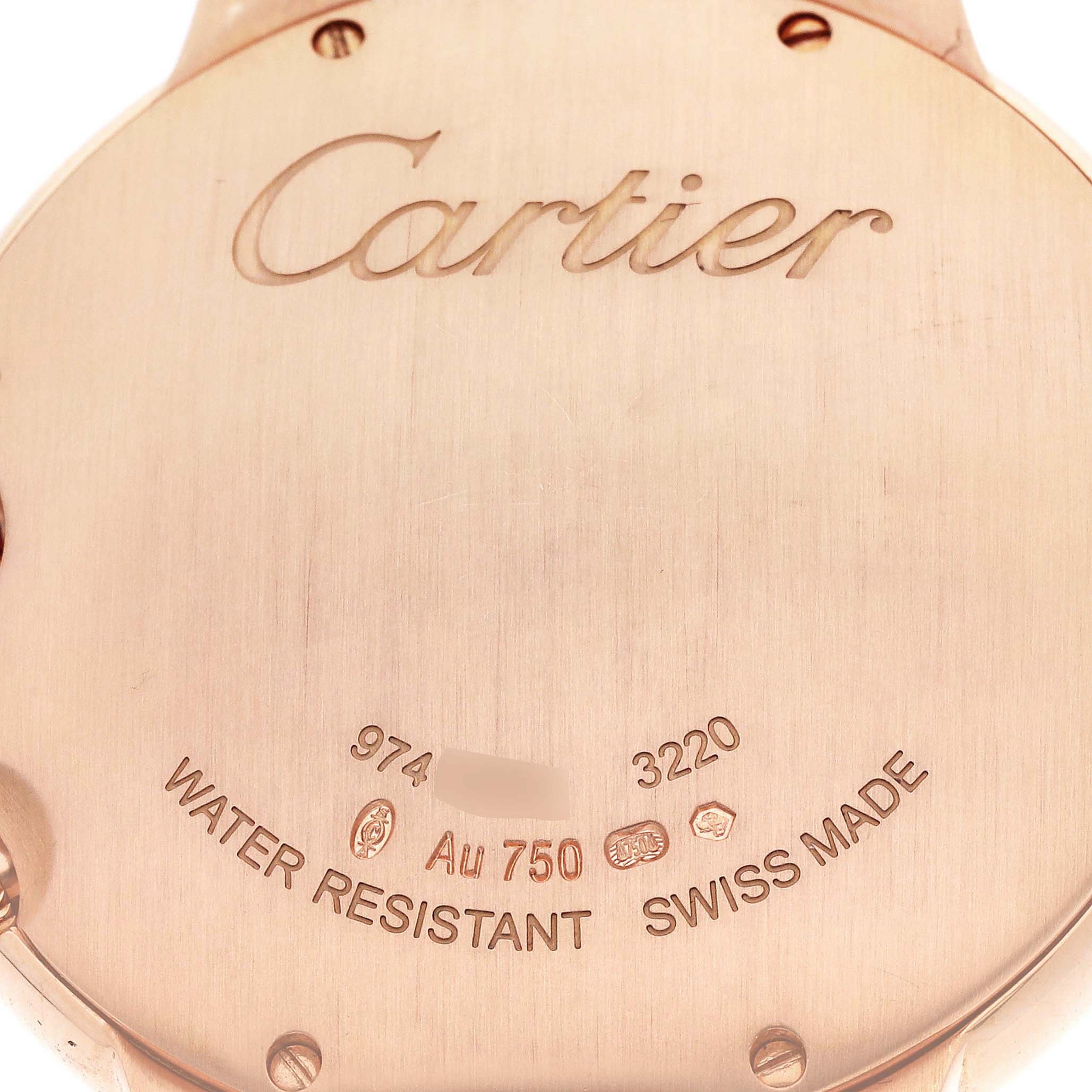 This image shows the back case of a Cartier Ballon Bleu WE902018 Women's Rose Gold Mother of Pearl Dial WE902018 Women's Rose Gold Mother of Pearl Dial watch, highlighting engravings and water resistance details.