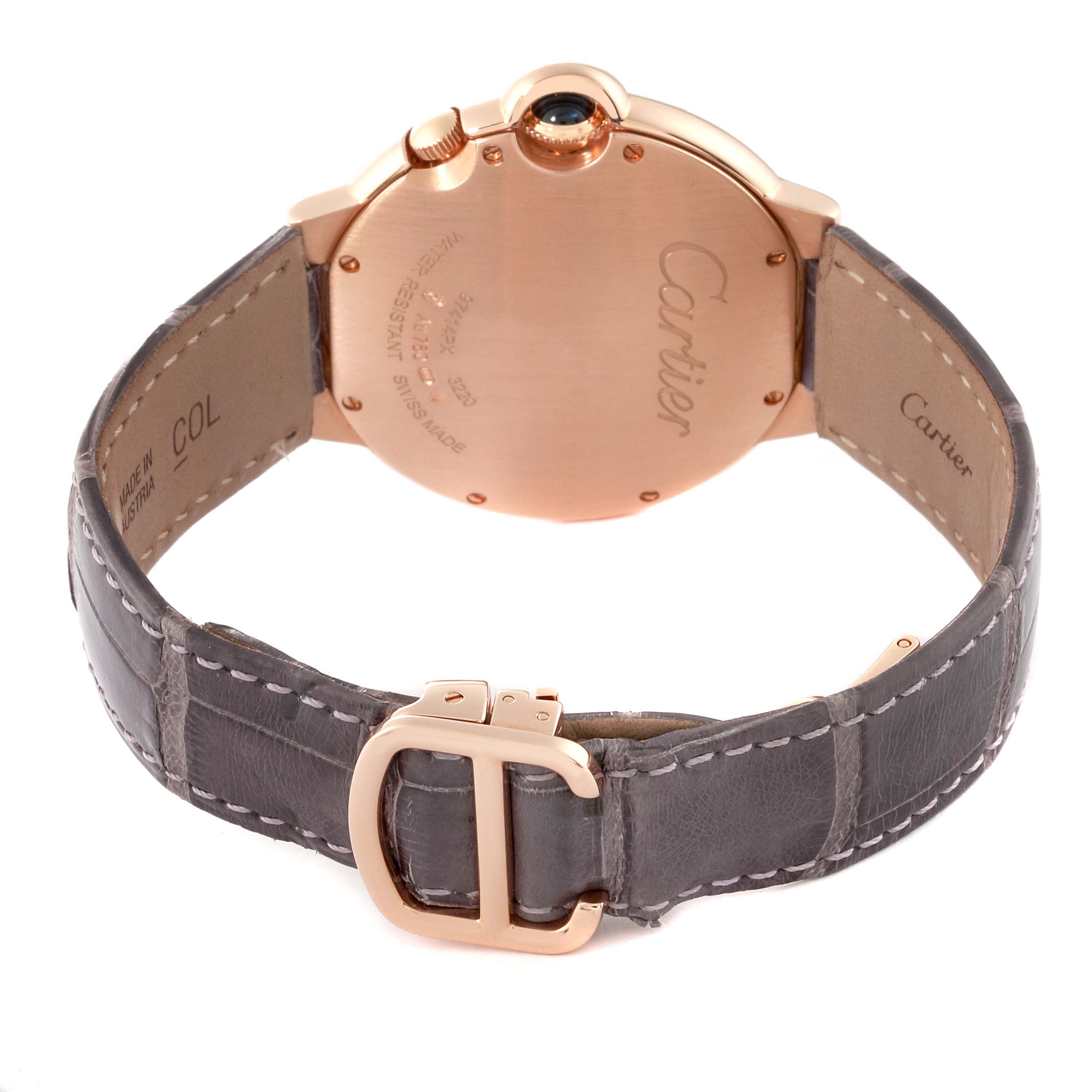 The image shows the back of a Cartier Ballon Bleu WE902018 Women's Rose Gold Mother of Pearl Dial WE902018 Women's Rose Gold Mother of Pearl Dial watch, highlighting its clasp, leather strap, and case back.