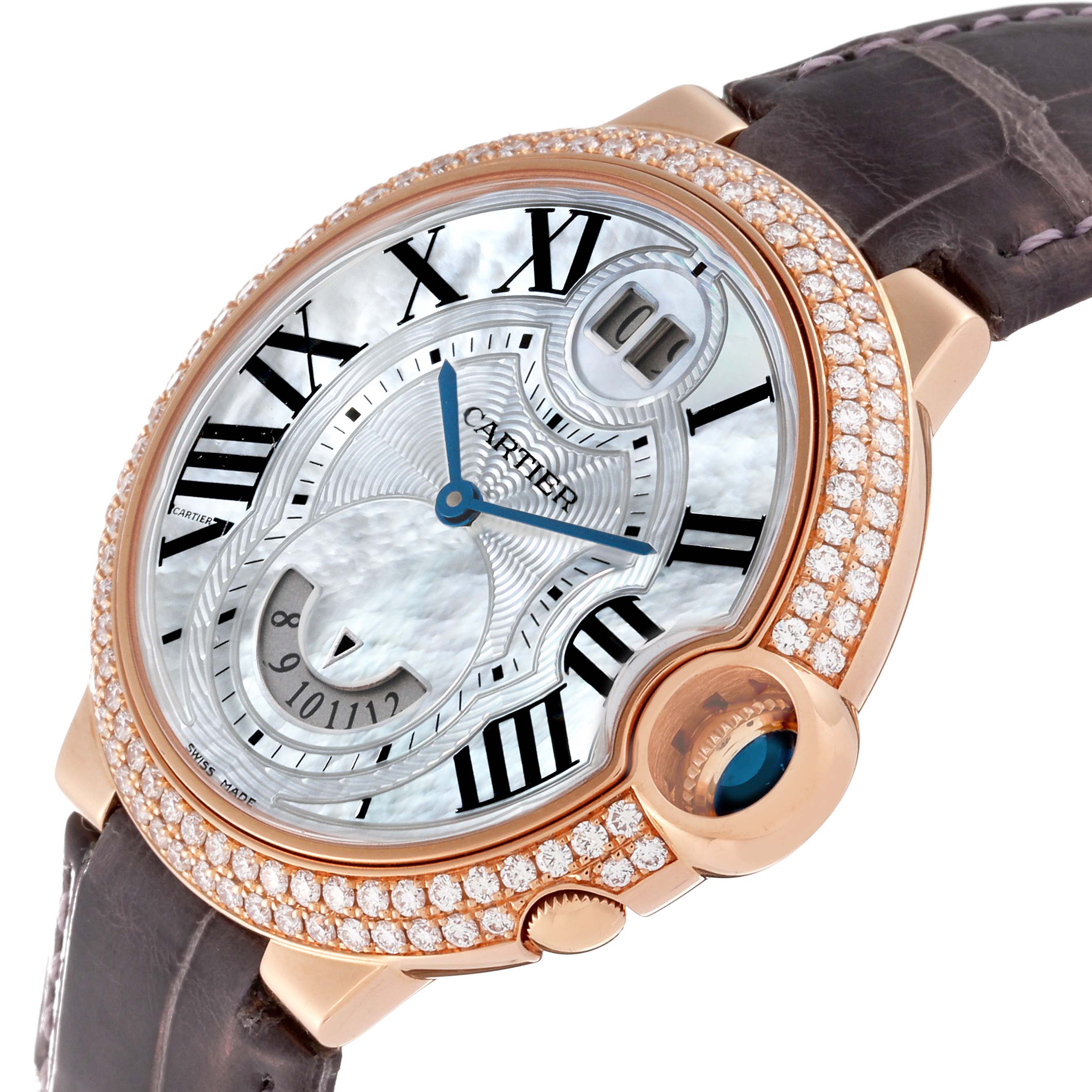 The image shows the Cartier Ballon Bleu WE902018 Women's Rose Gold Mother of Pearl Dial WE902018 Women's Rose Gold Mother of Pearl Dial watch at an angled close-up, highlighting the dial, diamond-set bezel, and crown.