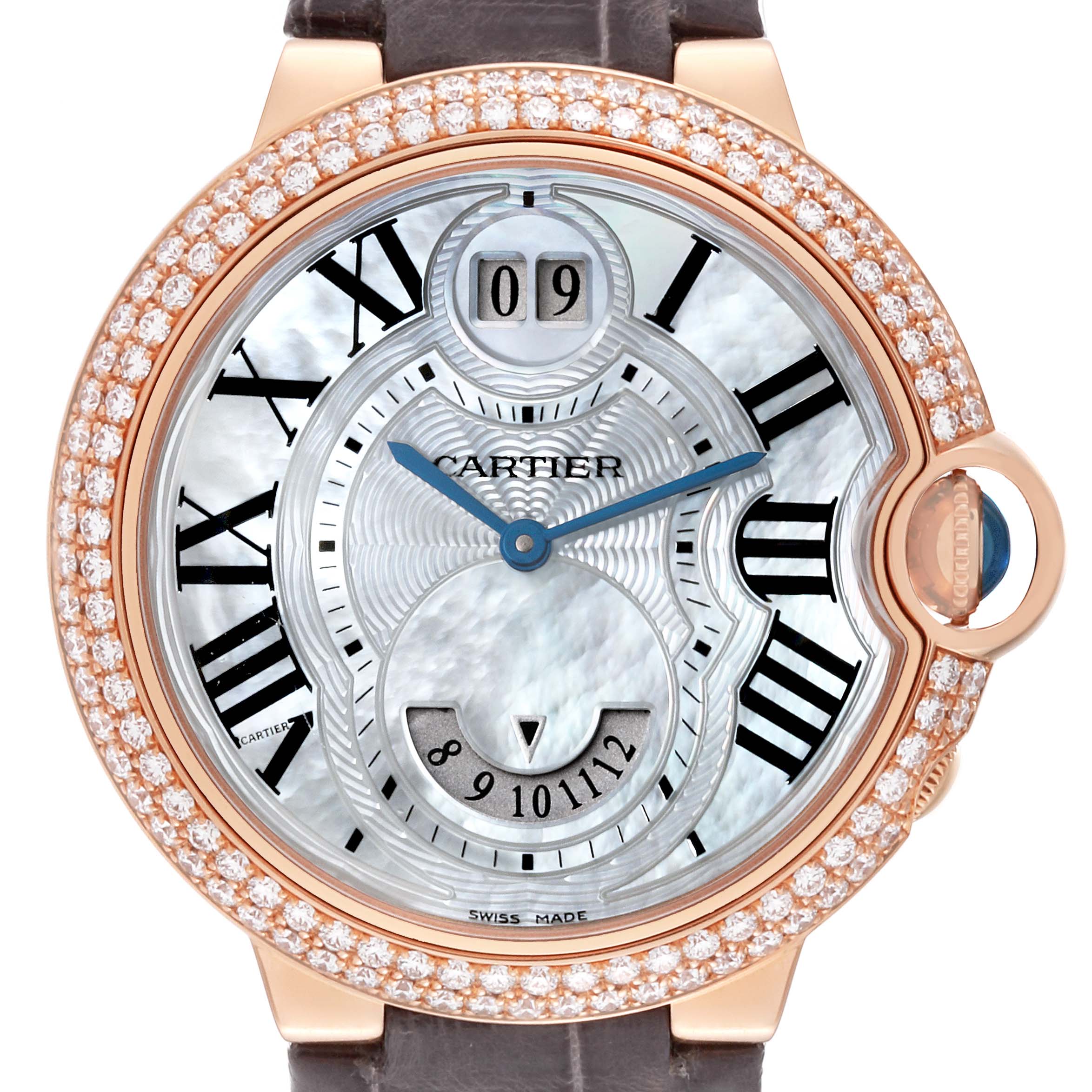 The image shows a close-up of the dial of a Cartier Ballon Bleu WE902018 Women's Rose Gold Mother of Pearl Dial WE902018 Women's Rose Gold Mother of Pearl Dial watch, highlighting its mother-of-pearl face, Roman numerals, and diamond bezel.