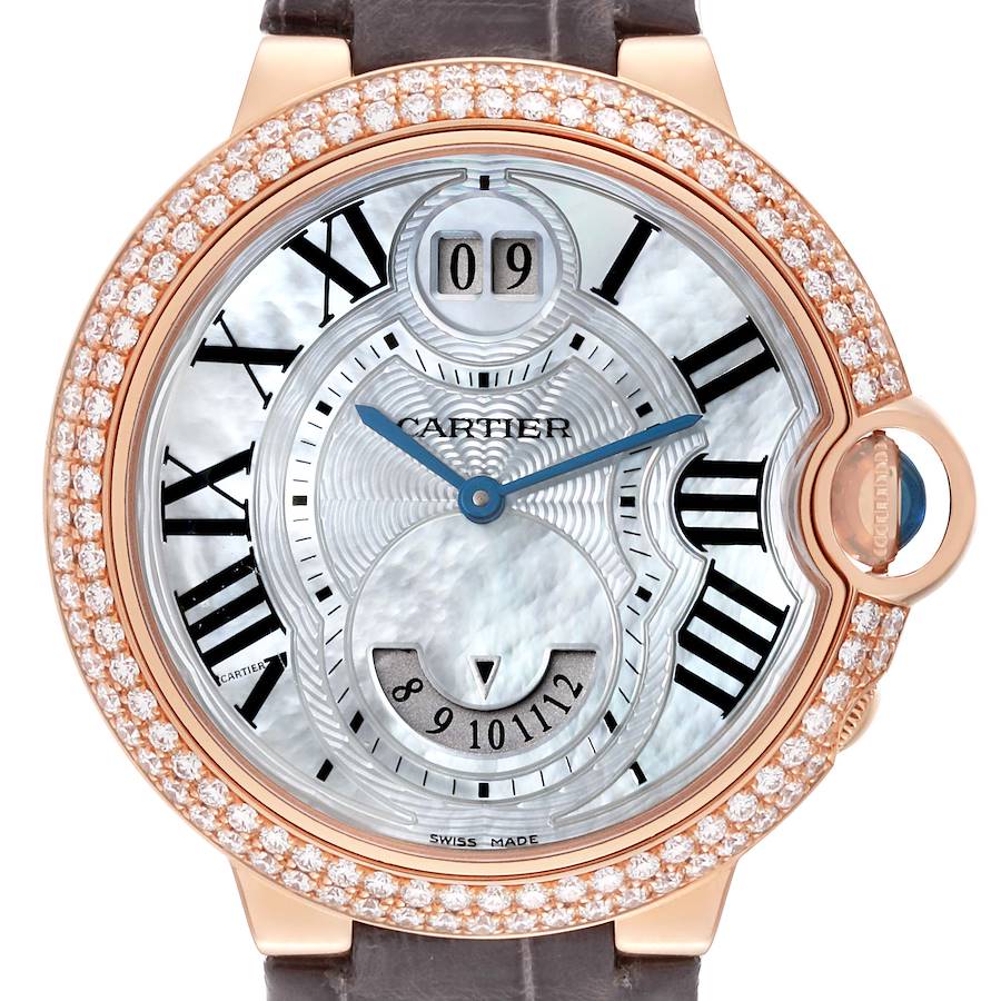 Cartier Ballon Bleu Dual Time Mother of Pearl Rose Gold Diamond Ladies Watch WE902018 SwissWatchExpo