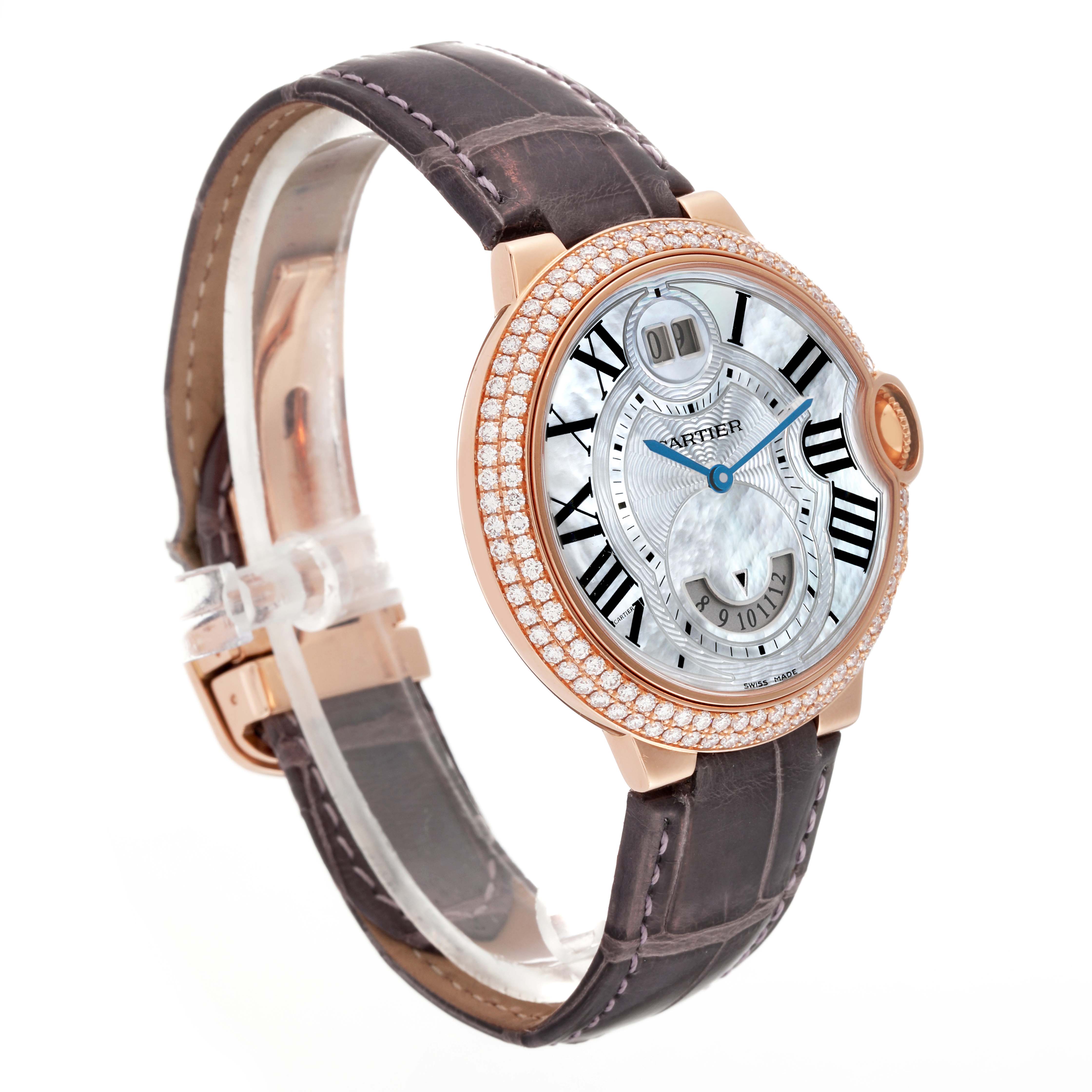 The image shows a side angle of a Cartier Ballon Bleu WE902018 Women's Rose Gold Mother of Pearl Dial WE902018 Women's Rose Gold Mother of Pearl Dial watch, highlighting its face, strap, and diamond-set bezel.