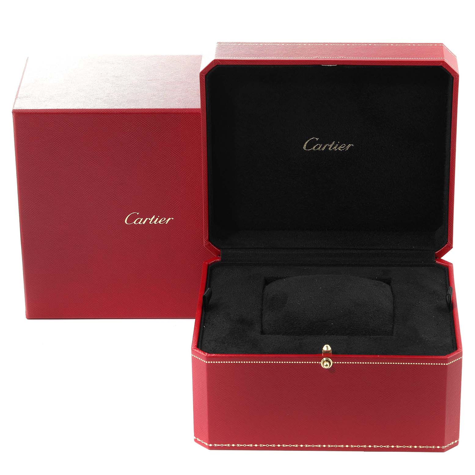 This image shows the red and black Cartier Ballon Bleu WE902018 Women's Rose Gold Mother of Pearl Dial WE902018 Women's Rose Gold Mother of Pearl Dial watch box, with the lid open and the pillow inside.