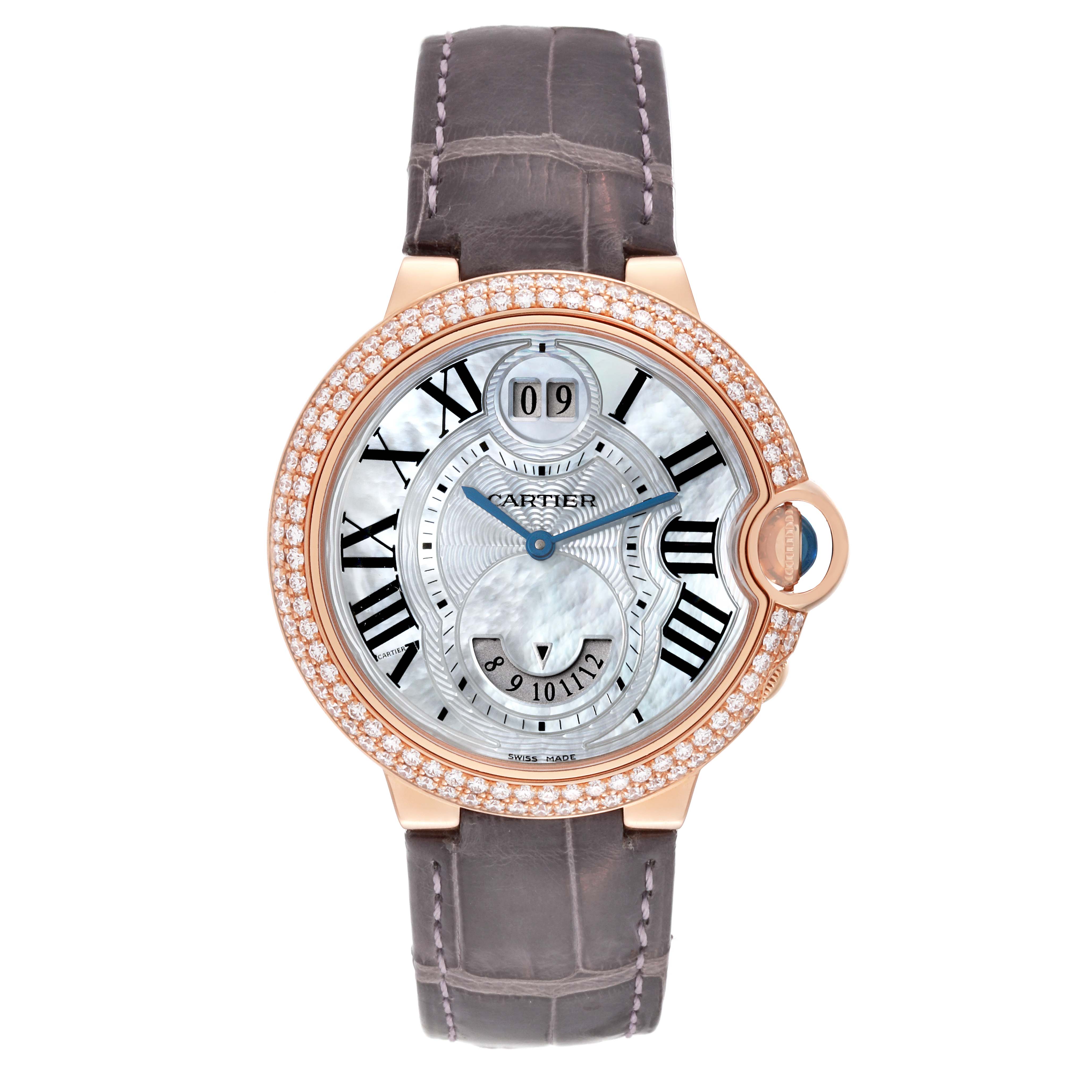 The image shows a front view of the Cartier Ballon Bleu WE902018 Women's Rose Gold Mother of Pearl Dial WE902018 Women's Rose Gold Mother of Pearl Dial watch, highlighting its face, bezel, strap, and intricate details.