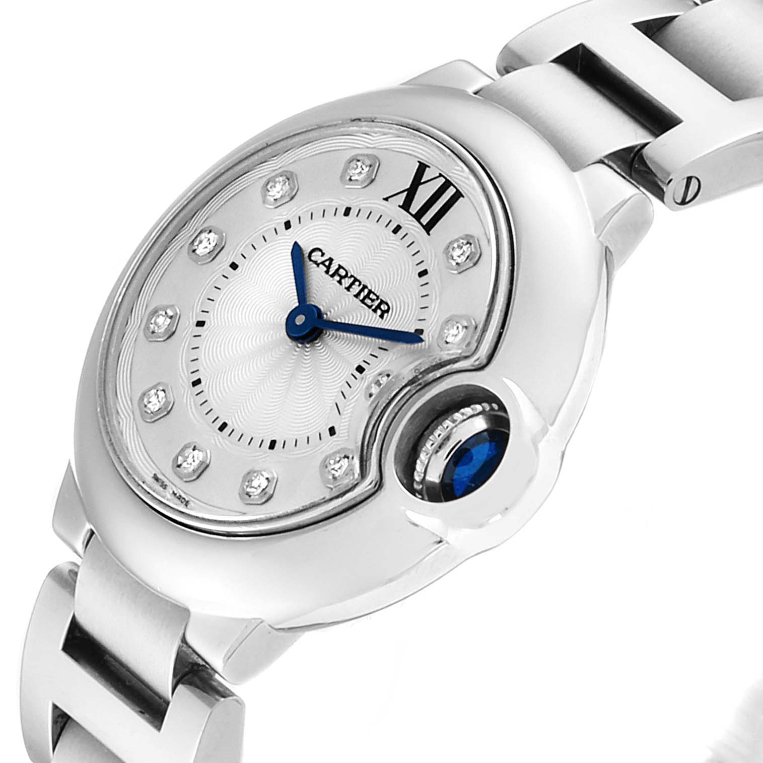 This image shows a close-up of the Cartier Ballon Bleu WE902073 Women's Stainless Steel Silver Dial WE902073 Women's Stainless Steel Silver Dial watch, highlighting its dial, bezel, and part of the bracelet.