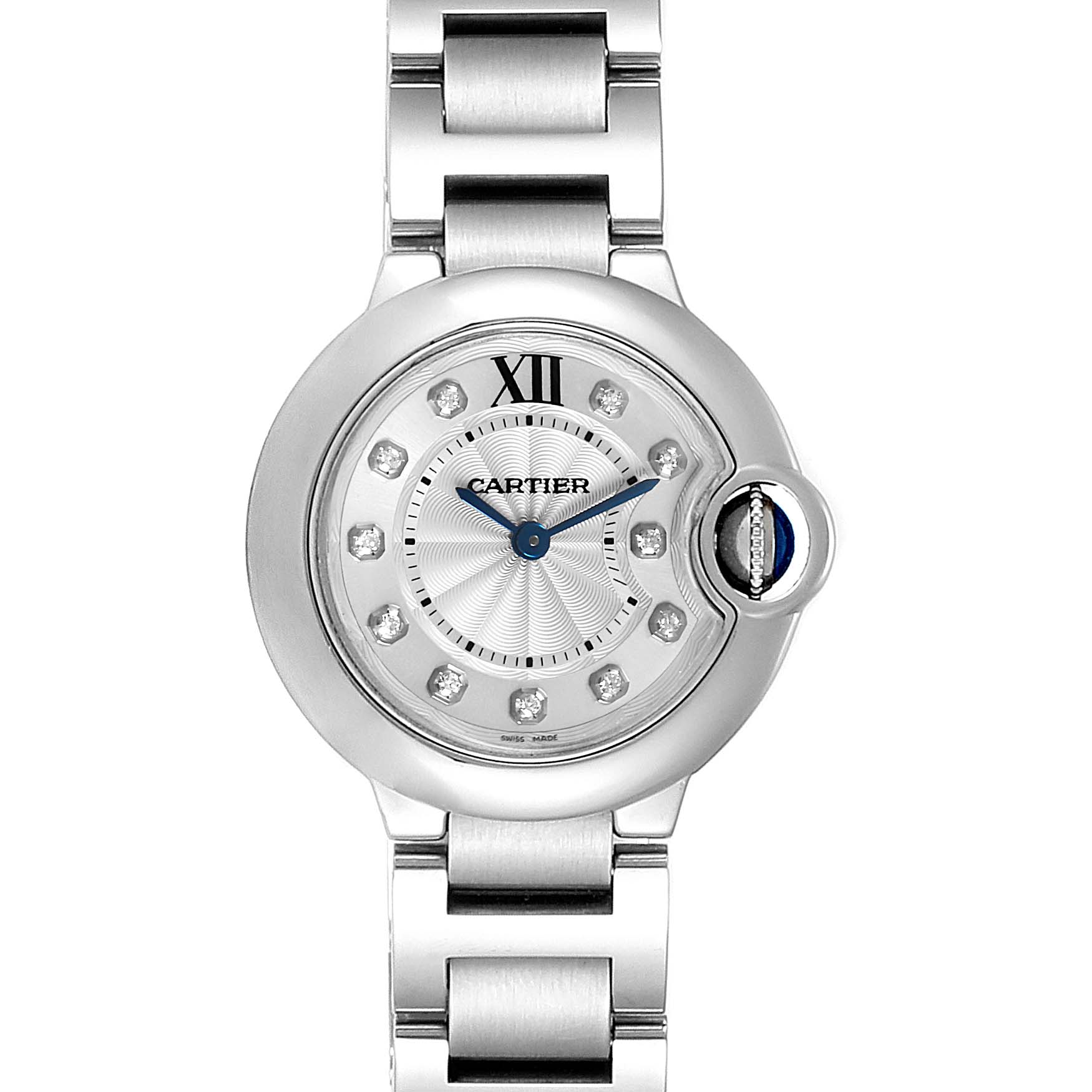The image shows a front view of the Ballon Bleu model by Cartier, displaying the face and metal bracelet.