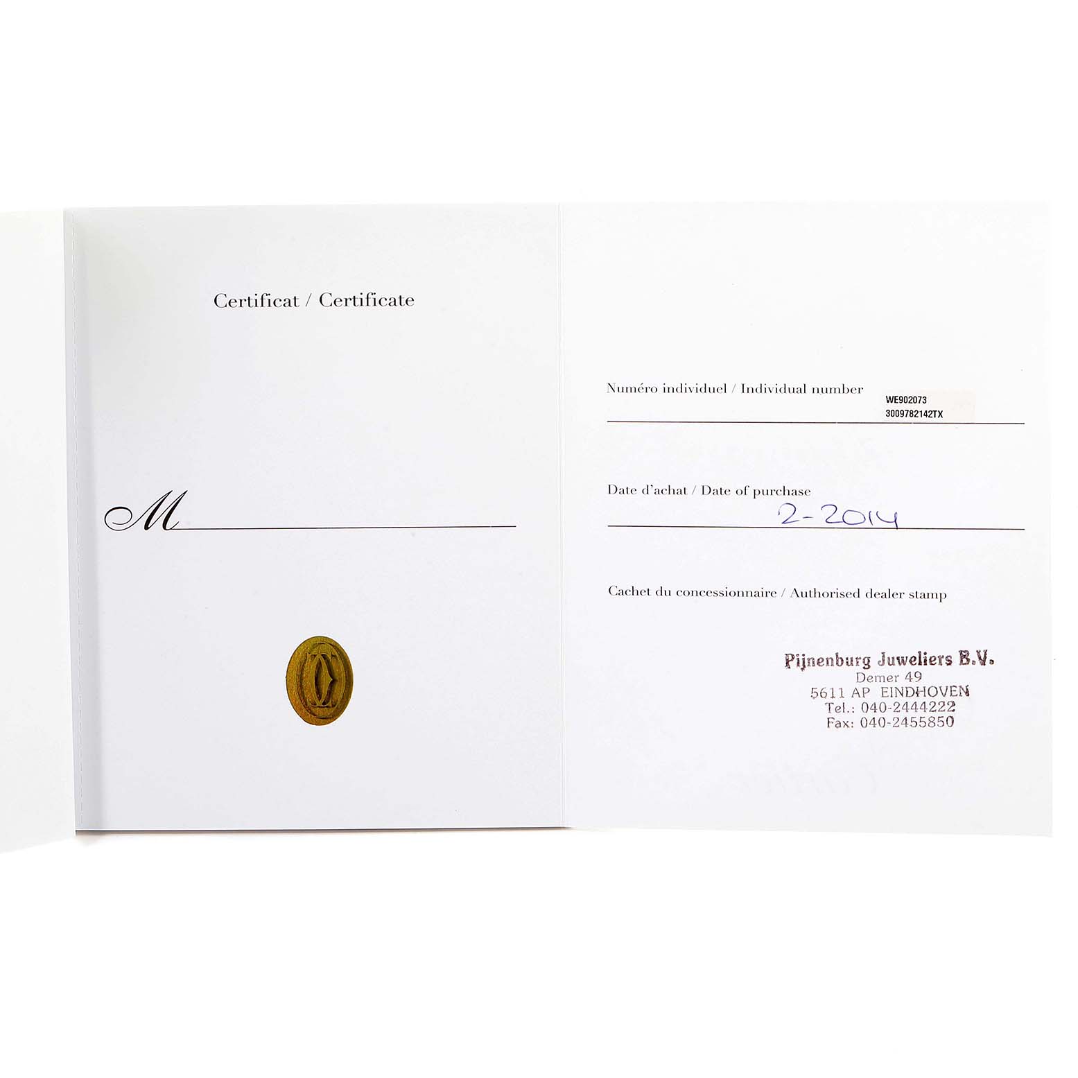 The image shows a certificate or warranty card for the Ballon Bleu model by Cartier.