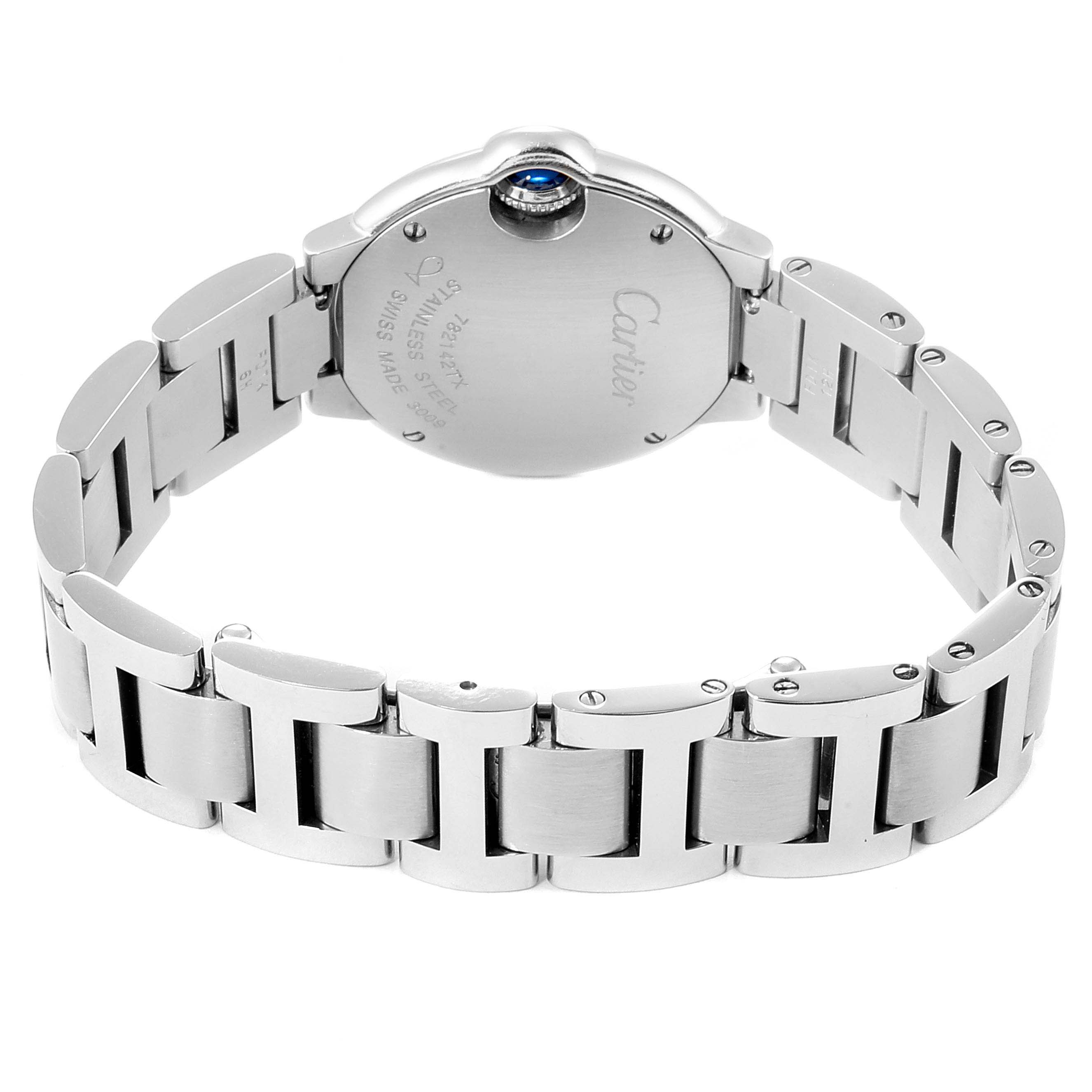 The image shows the back view of a Cartier Ballon Bleu WE902073 Women's Stainless Steel Silver Dial WE902073 Women's Stainless Steel Silver Dial watch, highlighting its stainless steel bracelet and clasp.
