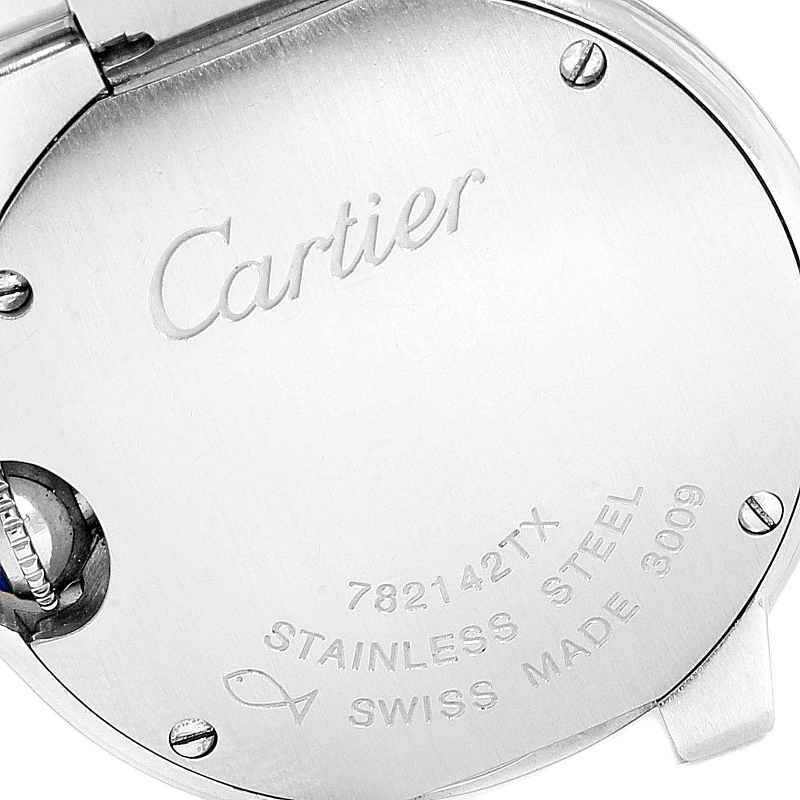 This image shows the back casing of the Cartier Ballon Bleu WE902073 Women's Stainless Steel Silver Dial WE902073 Women's Stainless Steel Silver Dial watch, highlighting its stainless steel material and engravings.