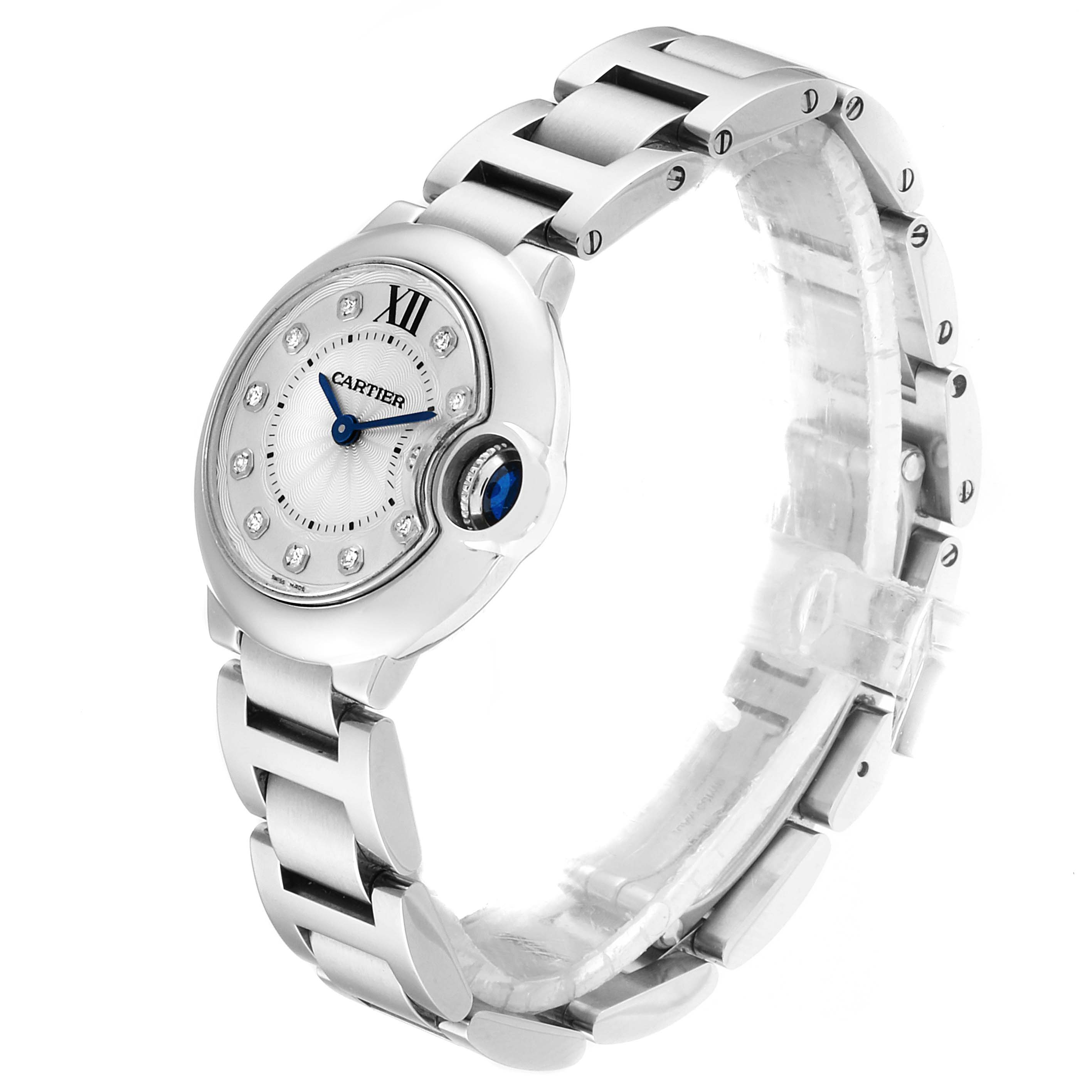 The image shows a Ballon Bleu de Cartier watch from an angled side view, highlighting the crown, dial, and stainless steel bracelet.
