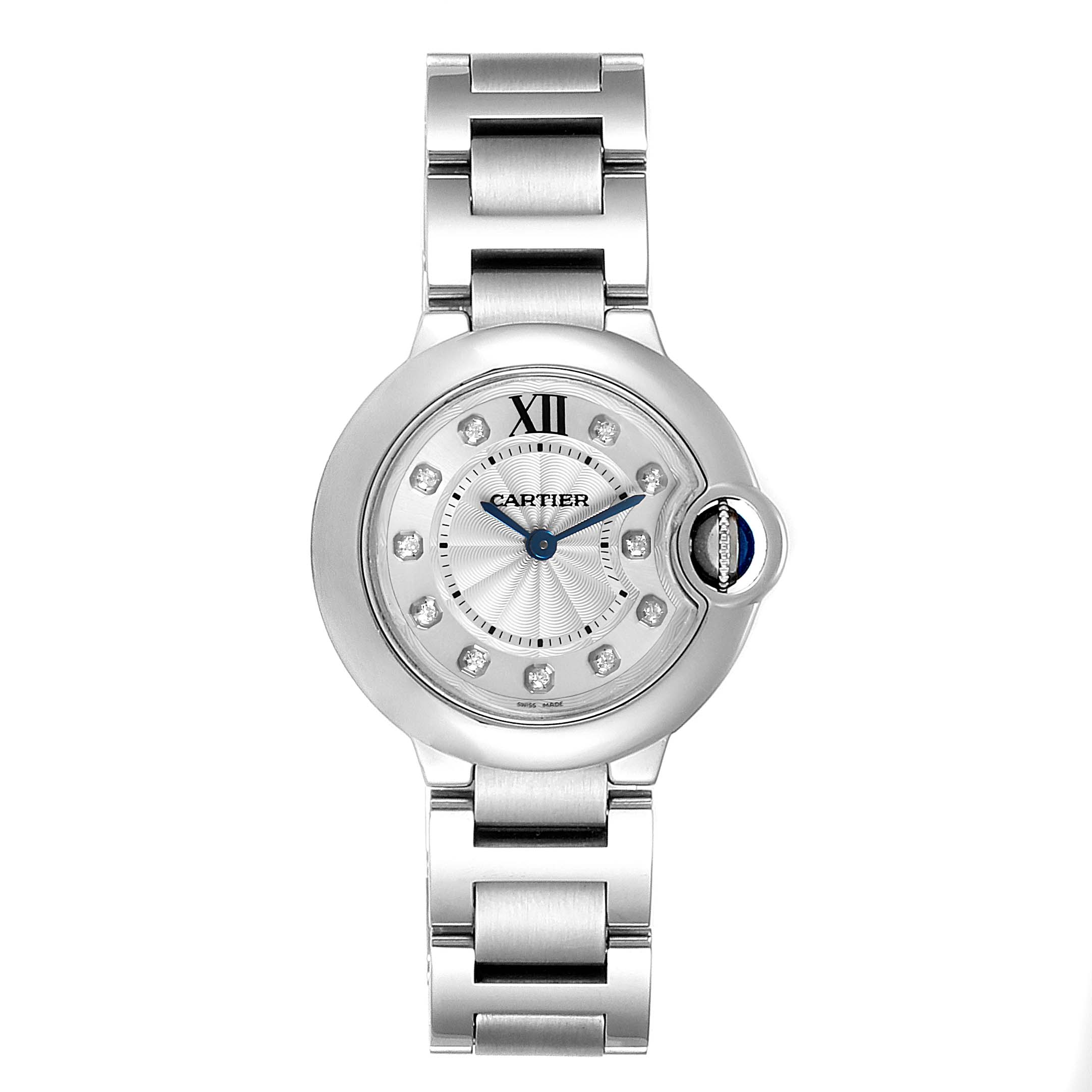 The image shows a front view of the Cartier Ballon Bleu WE902073 Women's Stainless Steel Silver Dial WE902073 Women's Stainless Steel Silver Dial watch, highlighting its round bezel, dial, and metal bracelet.