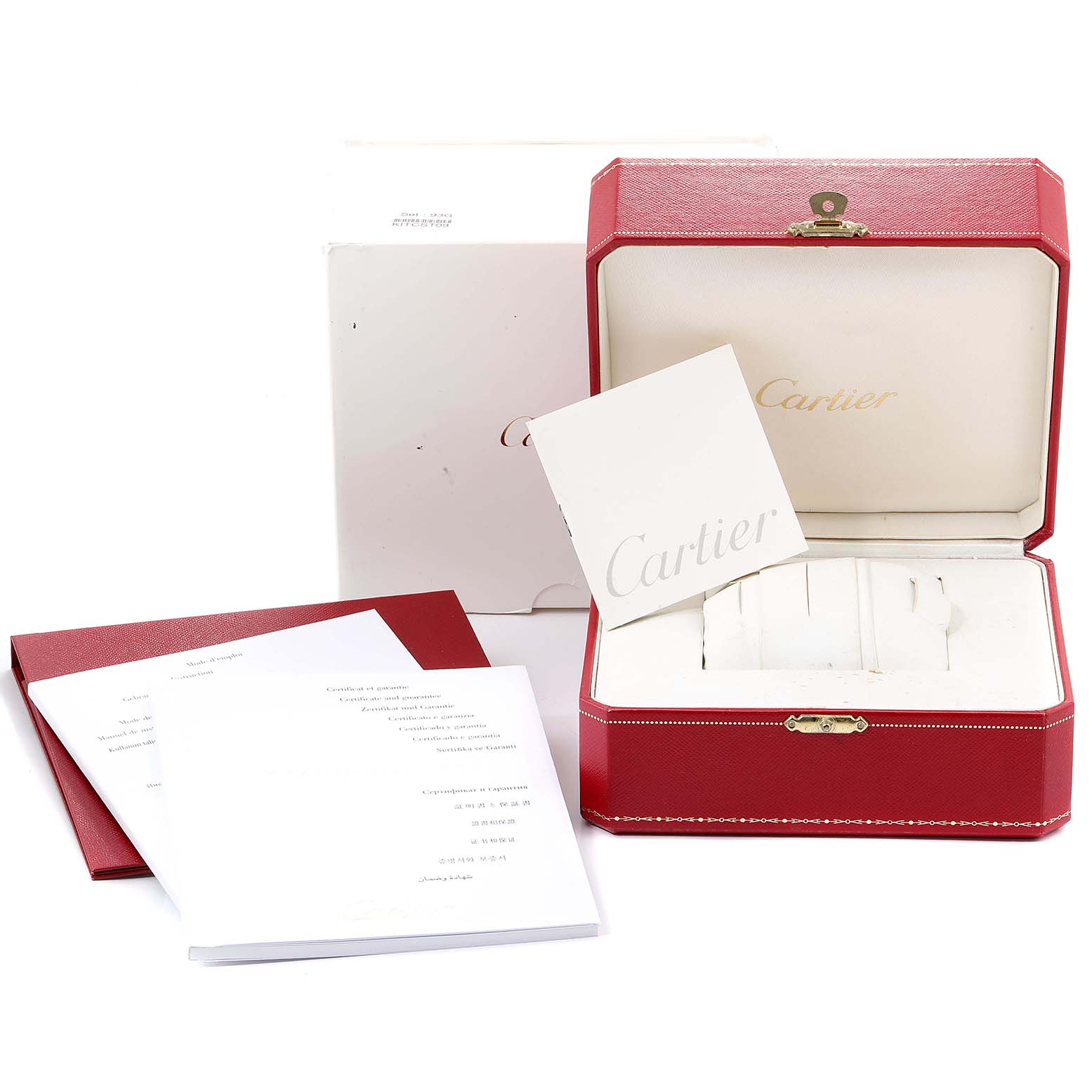 The image shows the packaging, including the box and documents, for a Cartier Ballon Bleu WE902073 Women's Stainless Steel Silver Dial WE902073 Women's Stainless Steel Silver Dial watch from a front angle.