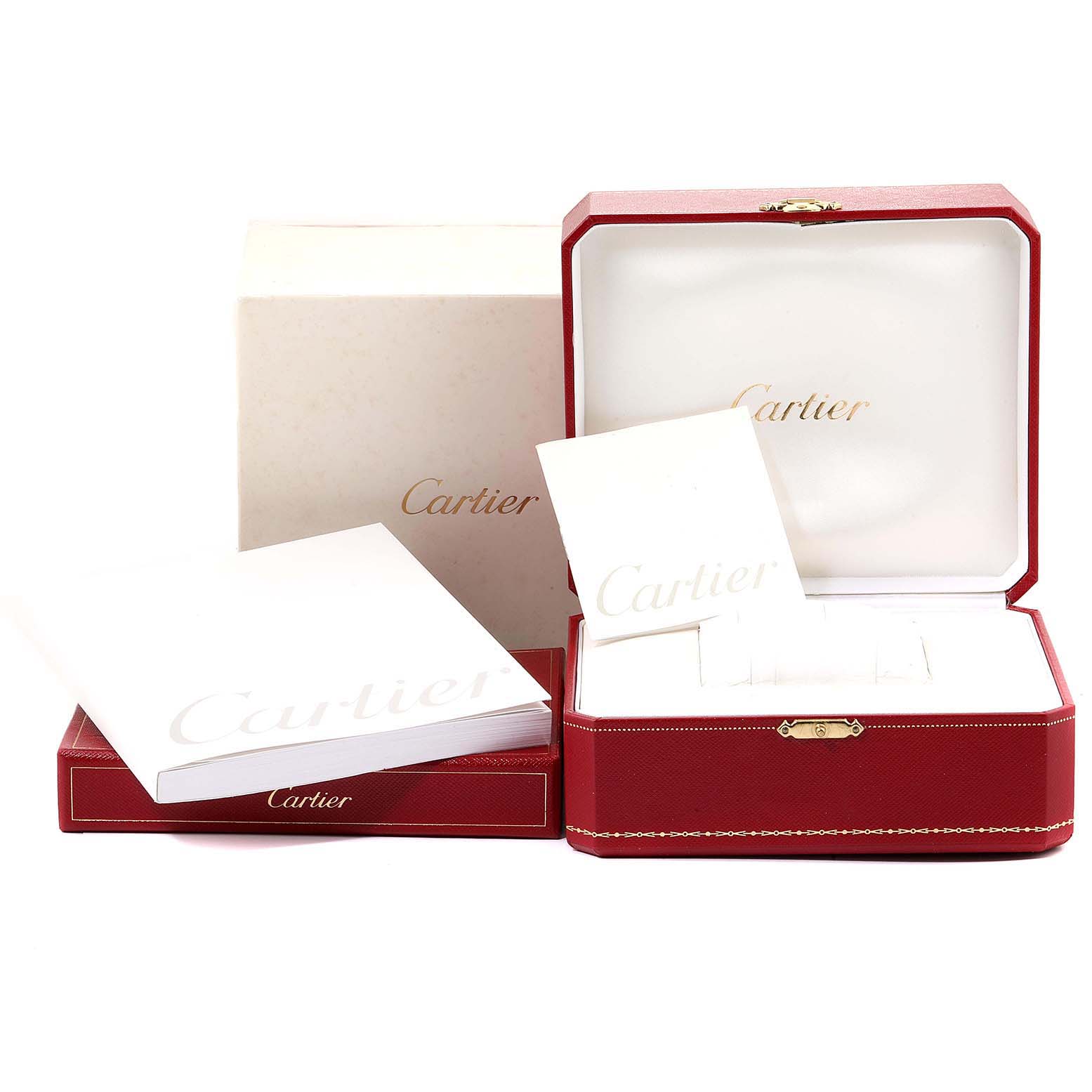 This image shows the box and accompanying documentation for the Cartier Pasha W31088U2 Men
s Stainless Steel Black Dial W31088U2 Men
s Stainless Steel Black Dial watch.