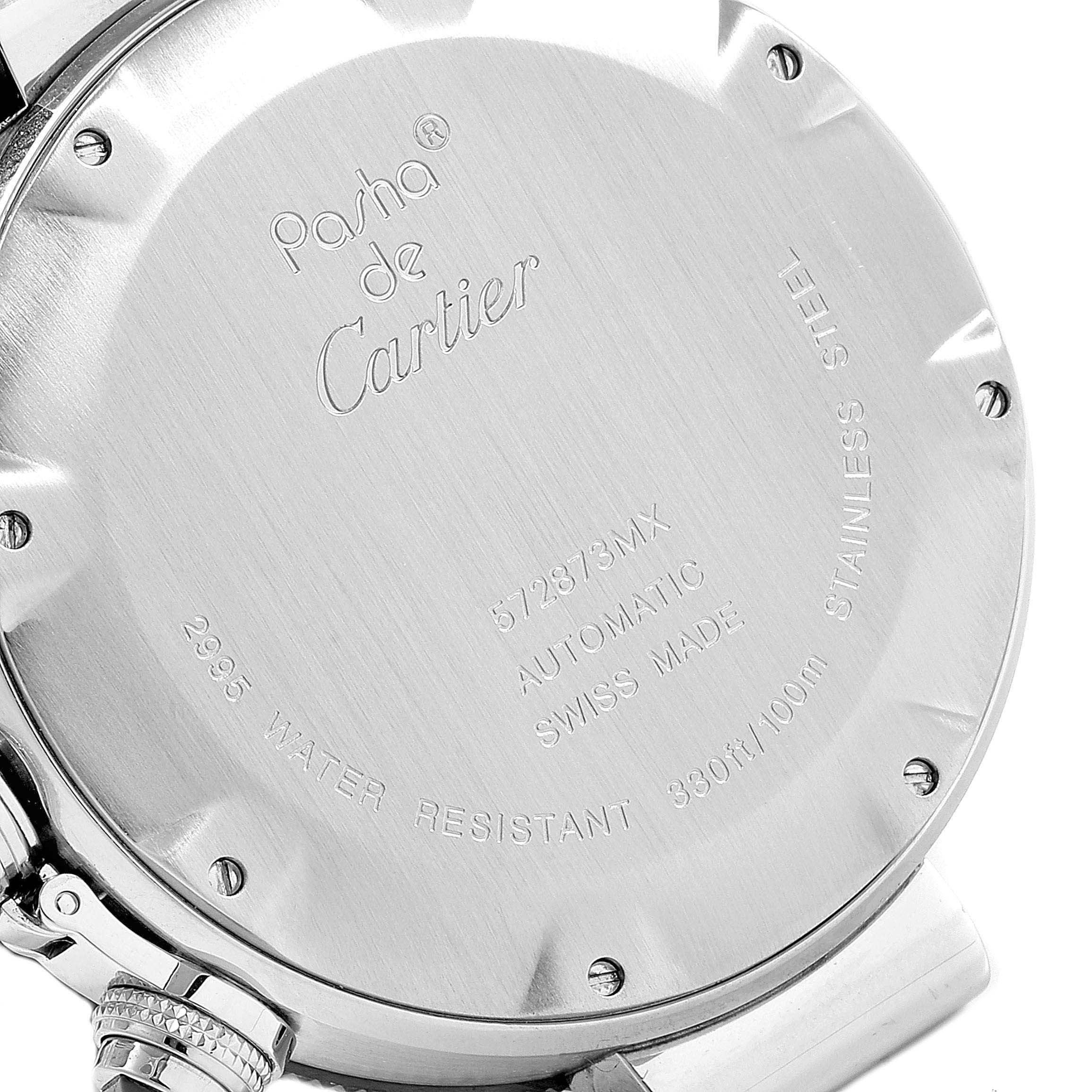 This image shows the back case of the Cartier Pasha W31088U2 Men
s Stainless Steel Black Dial W31088U2 Men
s Stainless Steel Black Dial watch, highlighting its engravings and details about the model and specifications.