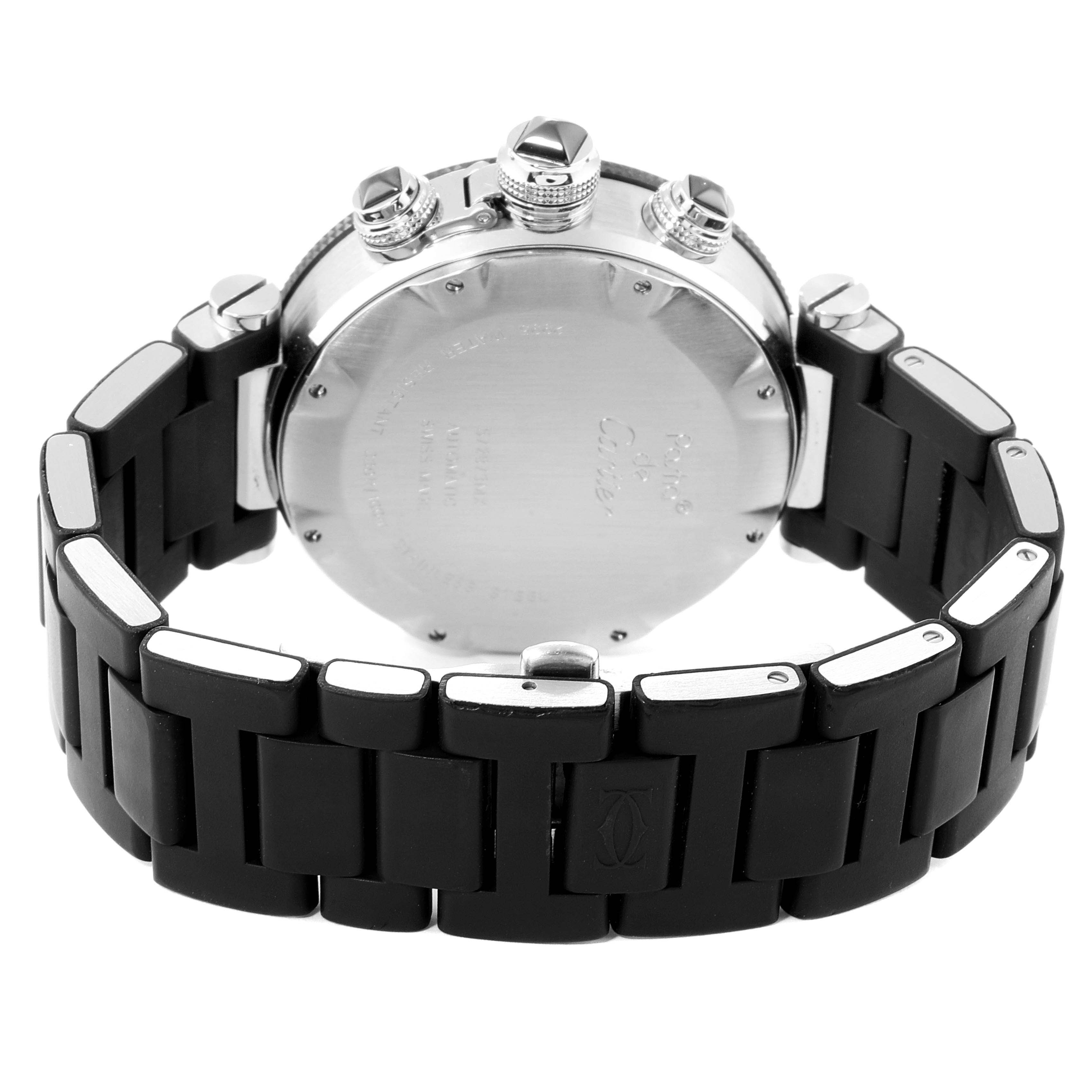 This image shows the back view of the Cartier Pasha W31088U2 Men
s Stainless Steel Black Dial W31088U2 Men
s Stainless Steel Black Dial watch, focusing on its case back, crown, and black bracelet.