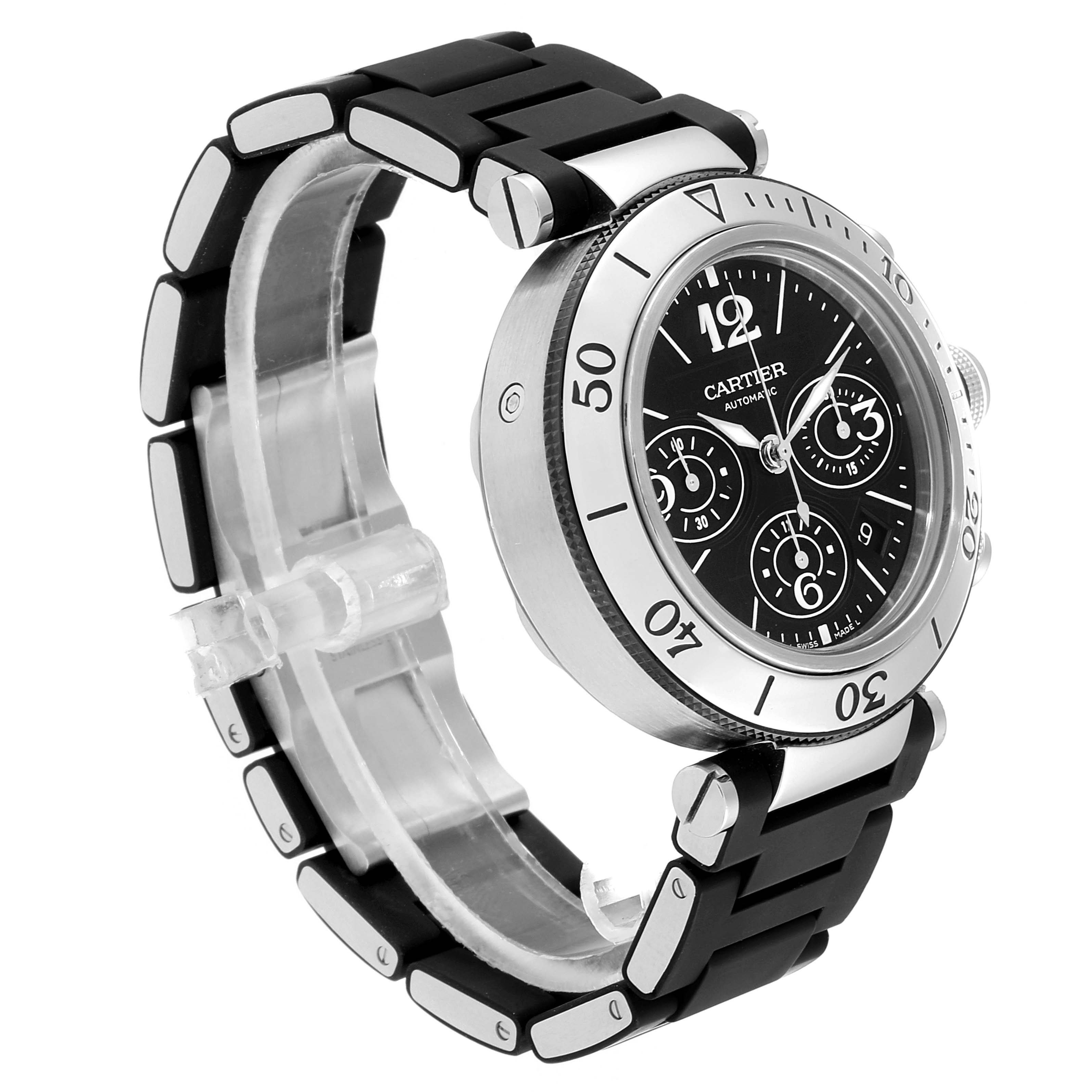 This image shows a Cartier Pasha W31088U2 Men
s Stainless Steel Black Dial W31088U2 Men
s Stainless Steel Black Dial watch at a three-quarter angle, highlighting its black dial, bezel, and rubber strap.