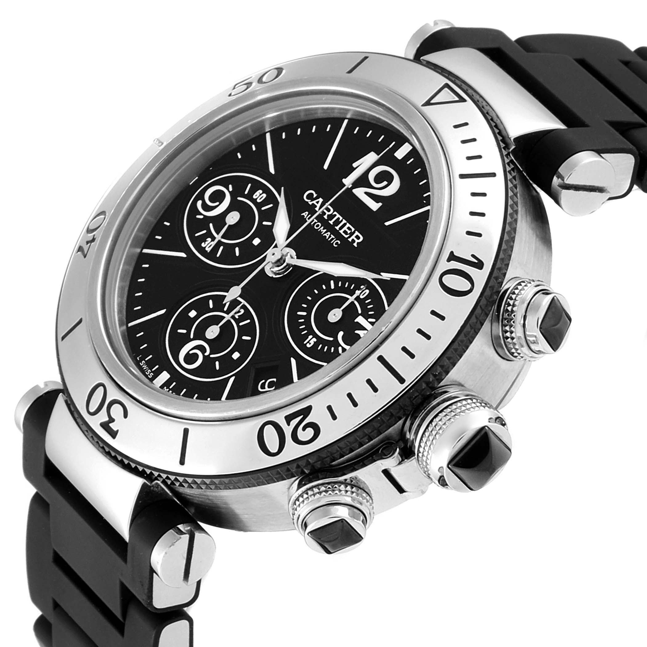 This image shows a Cartier Pasha W31088U2 Men
s Stainless Steel Black Dial W31088U2 Men
s Stainless Steel Black Dial watch at an angle highlighting its black dial, bezel, chronograph sub-dials, and steel case with a rubber strap.
