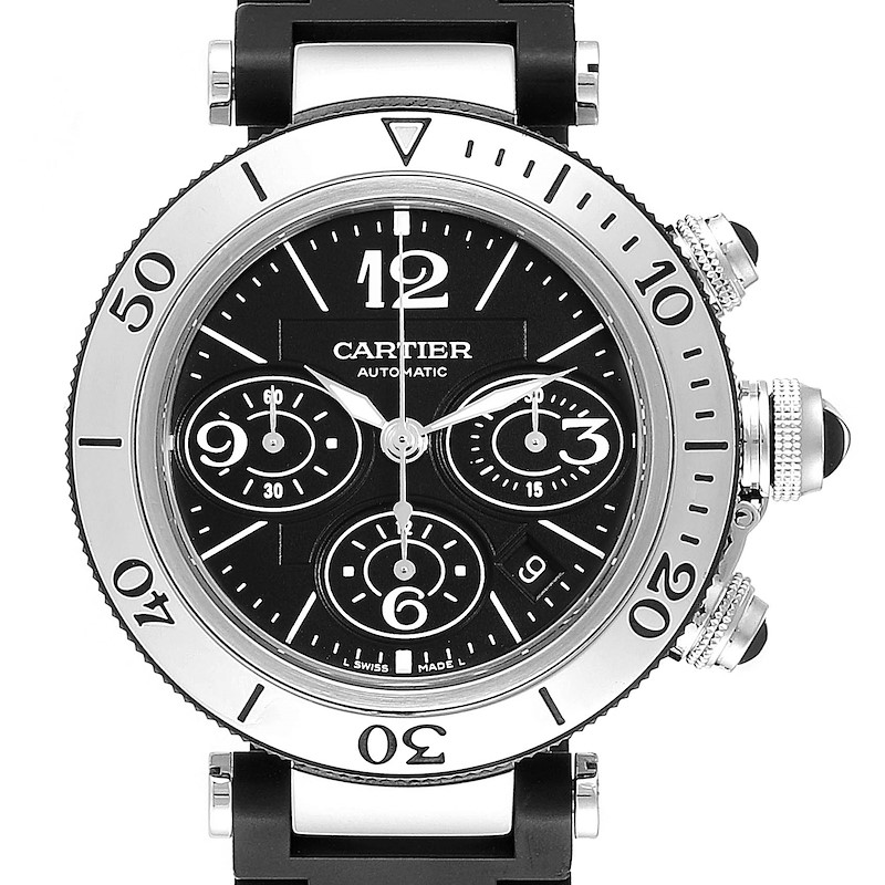 Cartier Pasha Seatimer Chronograph Rubber Strap Watch W31088U2 Box SwissWatchExpo