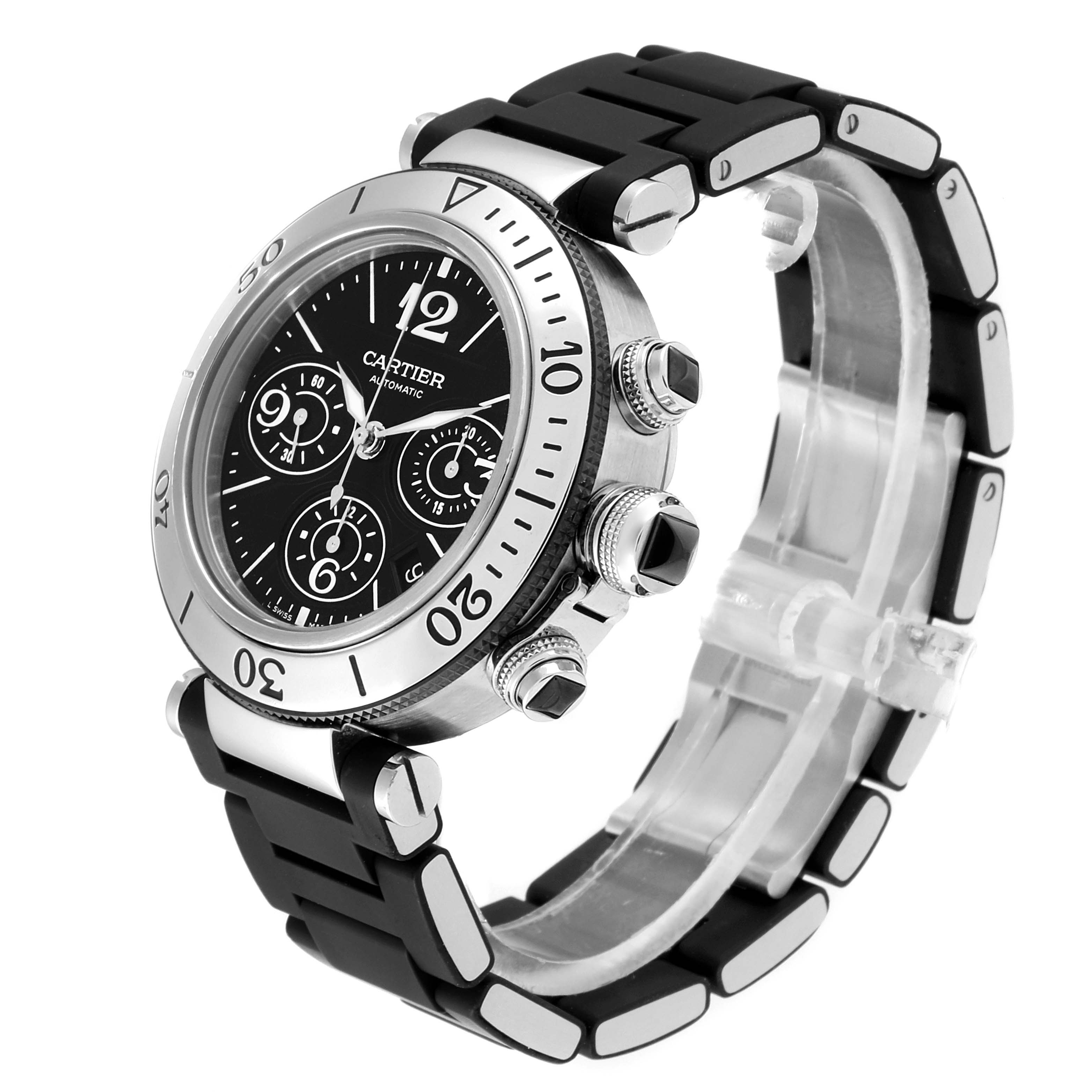 The image shows a side and angled view of a Cartier Pasha W31088U2 Men
s Stainless Steel Black Dial W31088U2 Men
s Stainless Steel Black Dial watch, highlighting its bezel, dial, and strap.