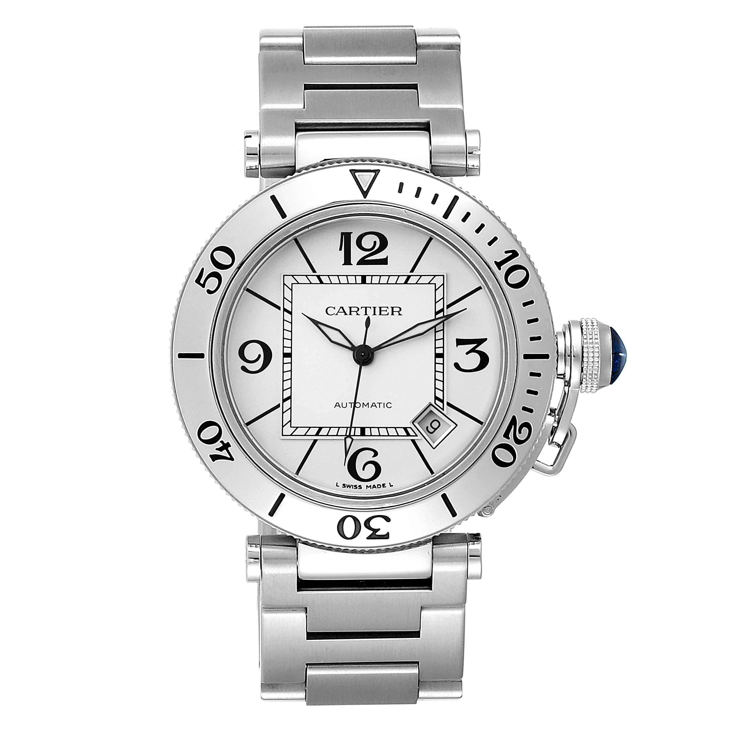 The Cartier Pasha W31080M7 Men's Stainless Steel Silver Dial W31080M7 Men's Stainless Steel Silver Dial watch is shown from a front angle, highlighting its face, bezel, stainless steel bracelet, and crown.