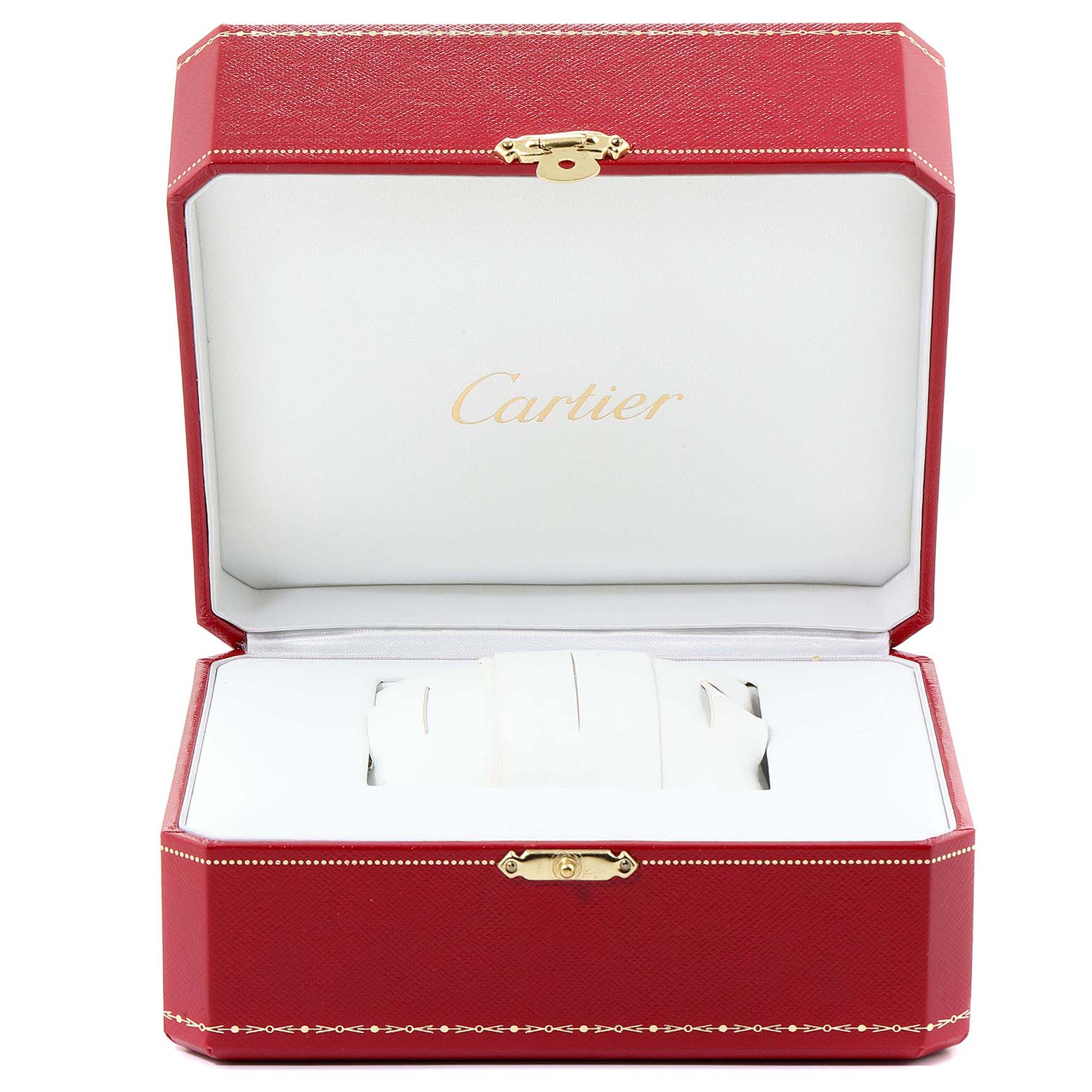 The image shows a Cartier Pasha W31080M7 Men's Stainless Steel Silver Dial W31080M7 Men's Stainless Steel Silver Dial watch box, opened, displaying the interior cushion and compartments.