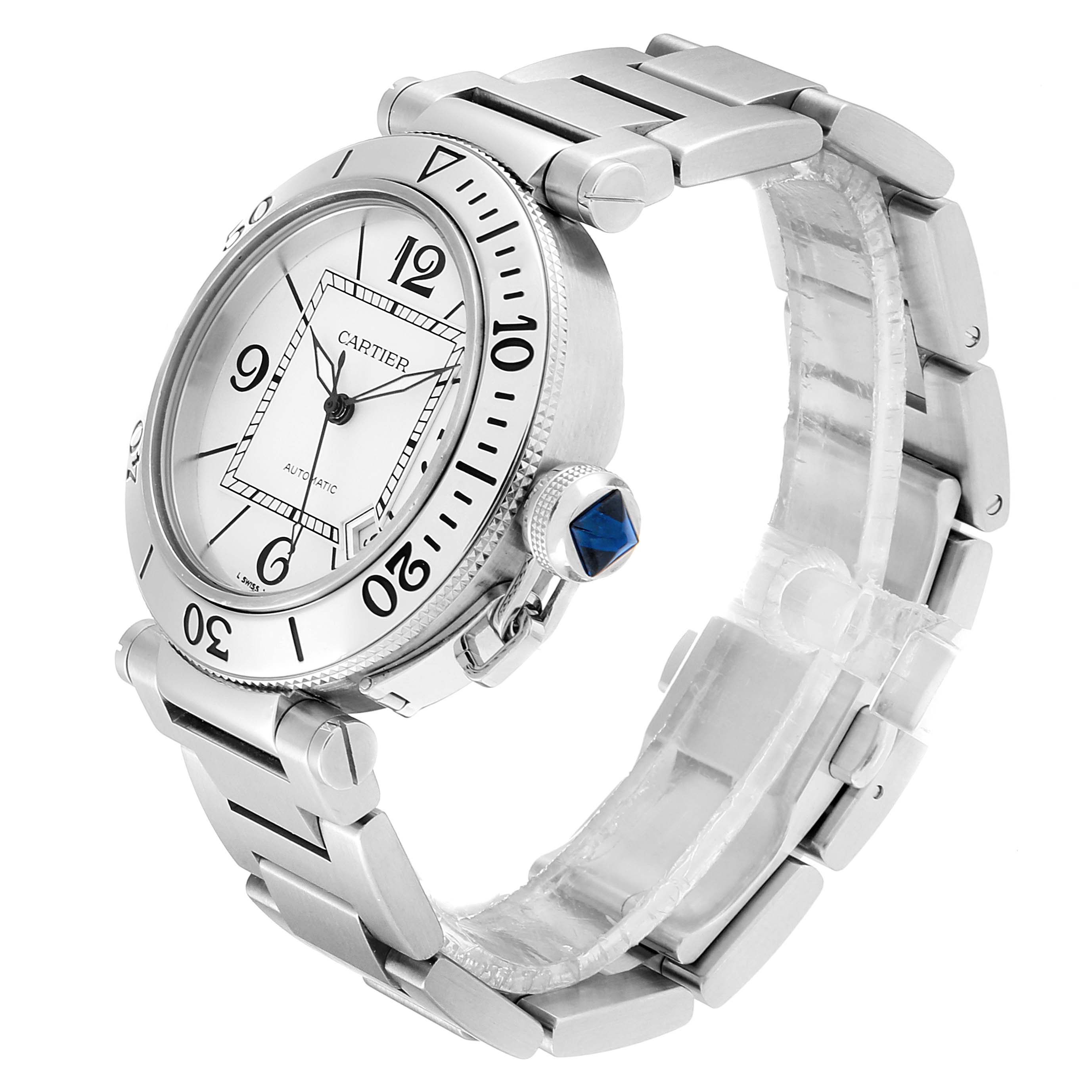 This image shows a Cartier Pasha W31080M7 Men's Stainless Steel Silver Dial W31080M7 Men's Stainless Steel Silver Dial watch at a three-quarter angle, highlighting the watch face, bezel, crown, and metal bracelet.