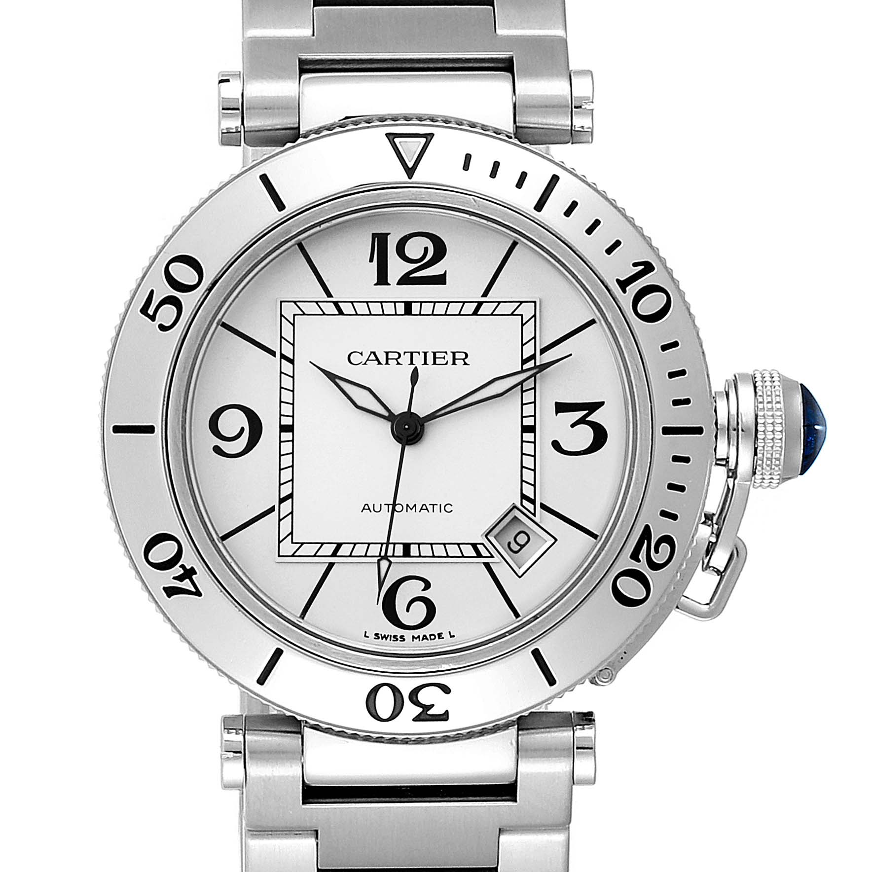The image shows a front view of the Cartier Pasha W31080M7 Men's Stainless Steel Silver Dial W31080M7 Men's Stainless Steel Silver Dial model watch, highlighting its dial, bezel, and bracelet.