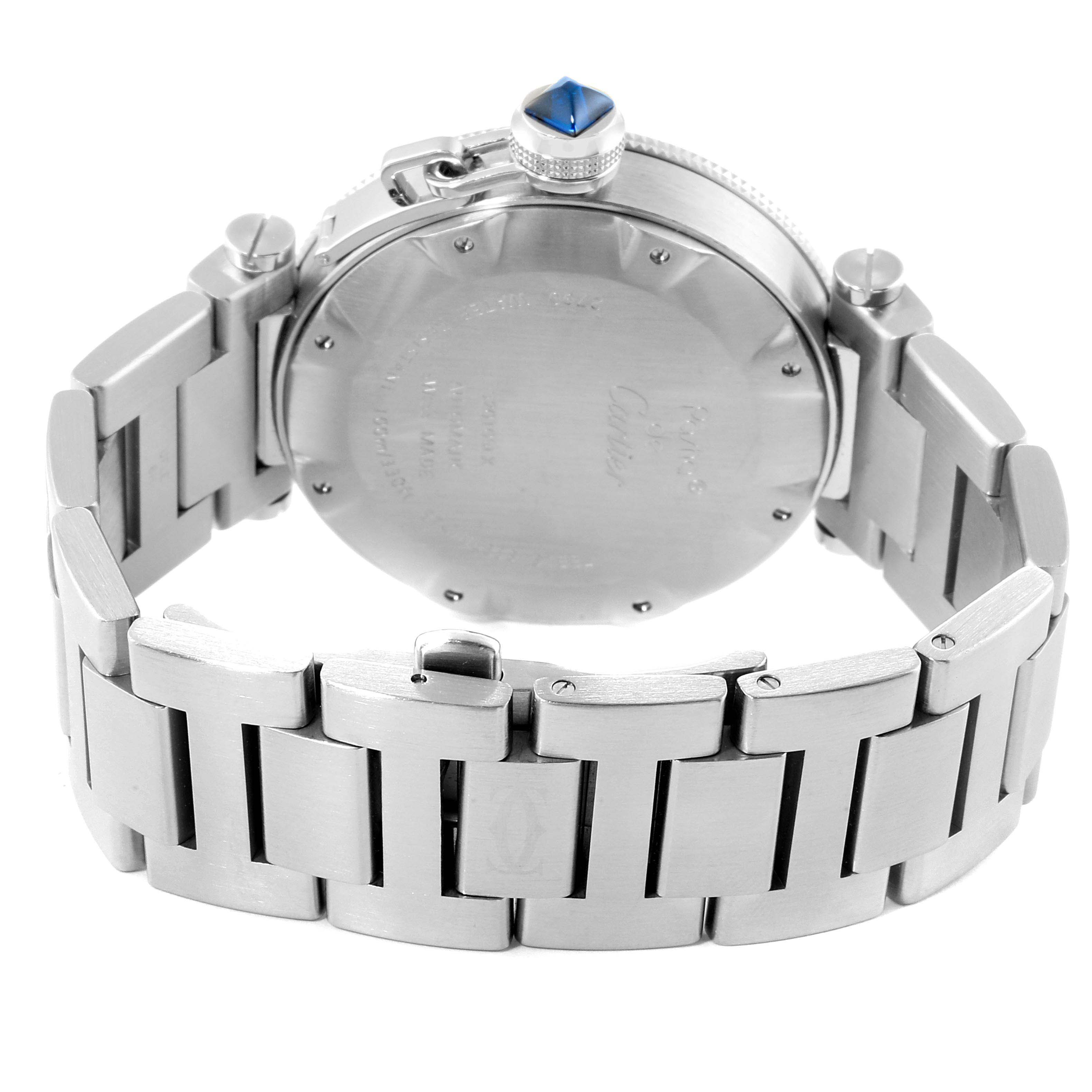 The image shows the back and bracelet of the Cartier Pasha W31080M7 Men's Stainless Steel Silver Dial W31080M7 Men's Stainless Steel Silver Dial watch, including the crown.