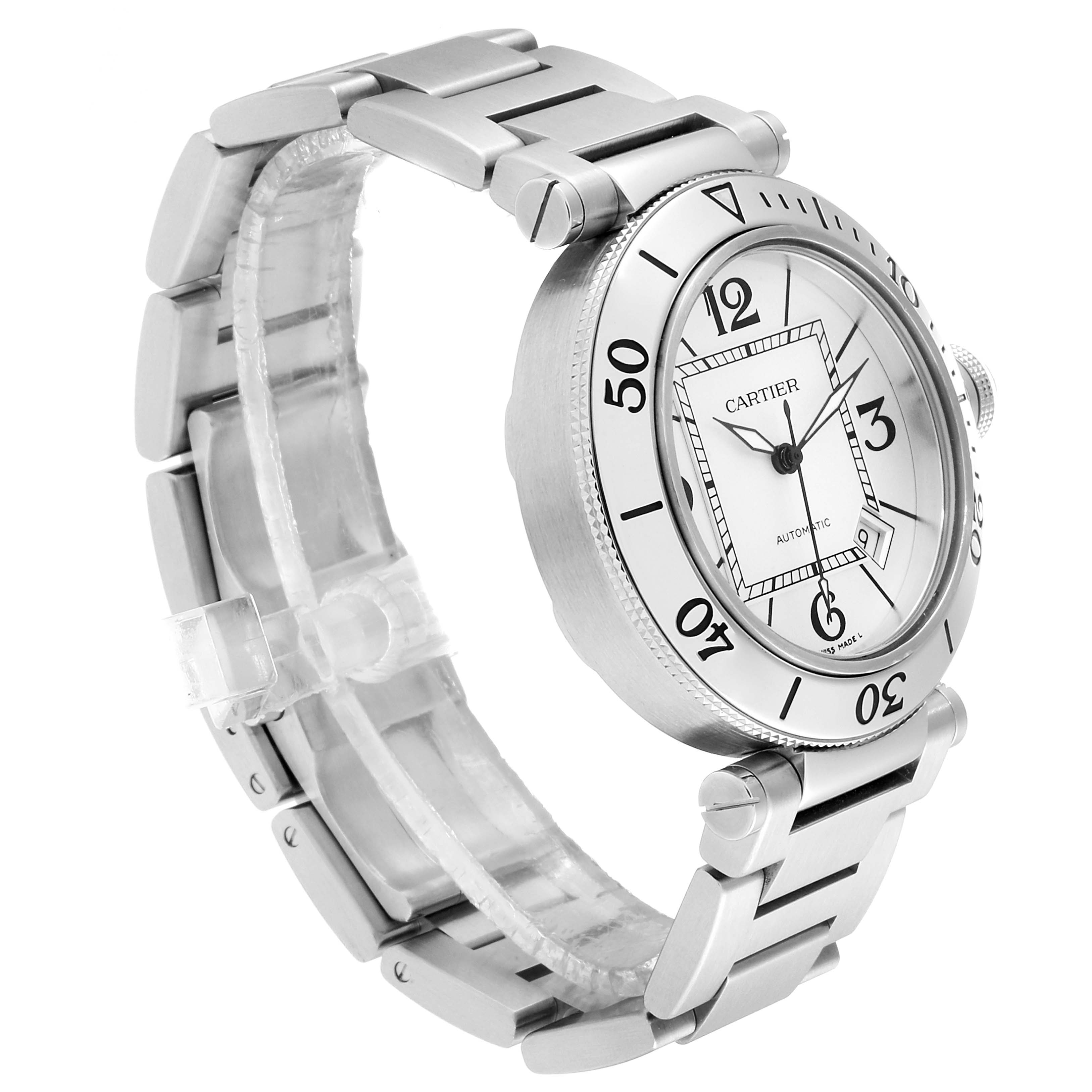 This Cartier Pasha W31080M7 Men's Stainless Steel Silver Dial W31080M7 Men's Stainless Steel Silver Dial watch is shown at a right-side angle, displaying its face, bezel, and metal bracelet.