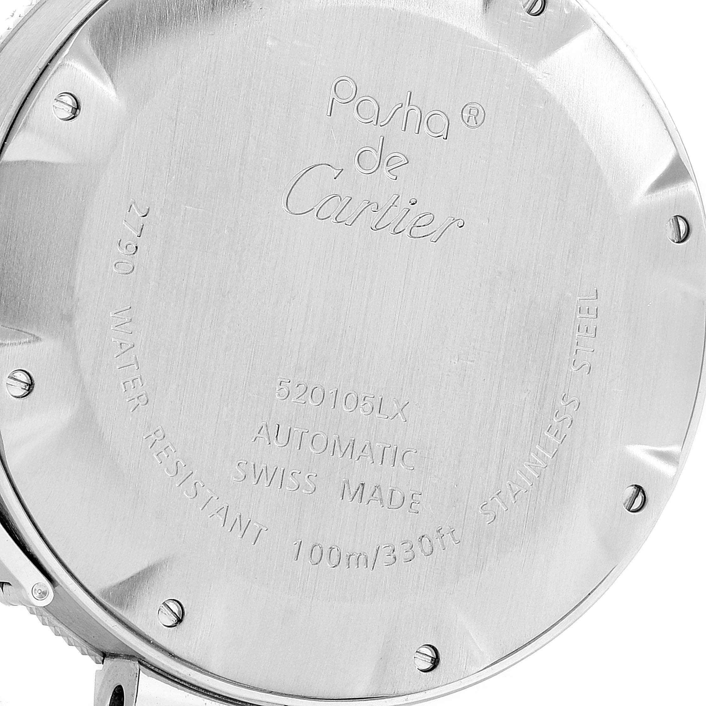 The image shows the case back of a Cartier Pasha W31080M7 Men's Stainless Steel Silver Dial W31080M7 Men's Stainless Steel Silver Dial watch, highlighting its engraved details and specifications.
