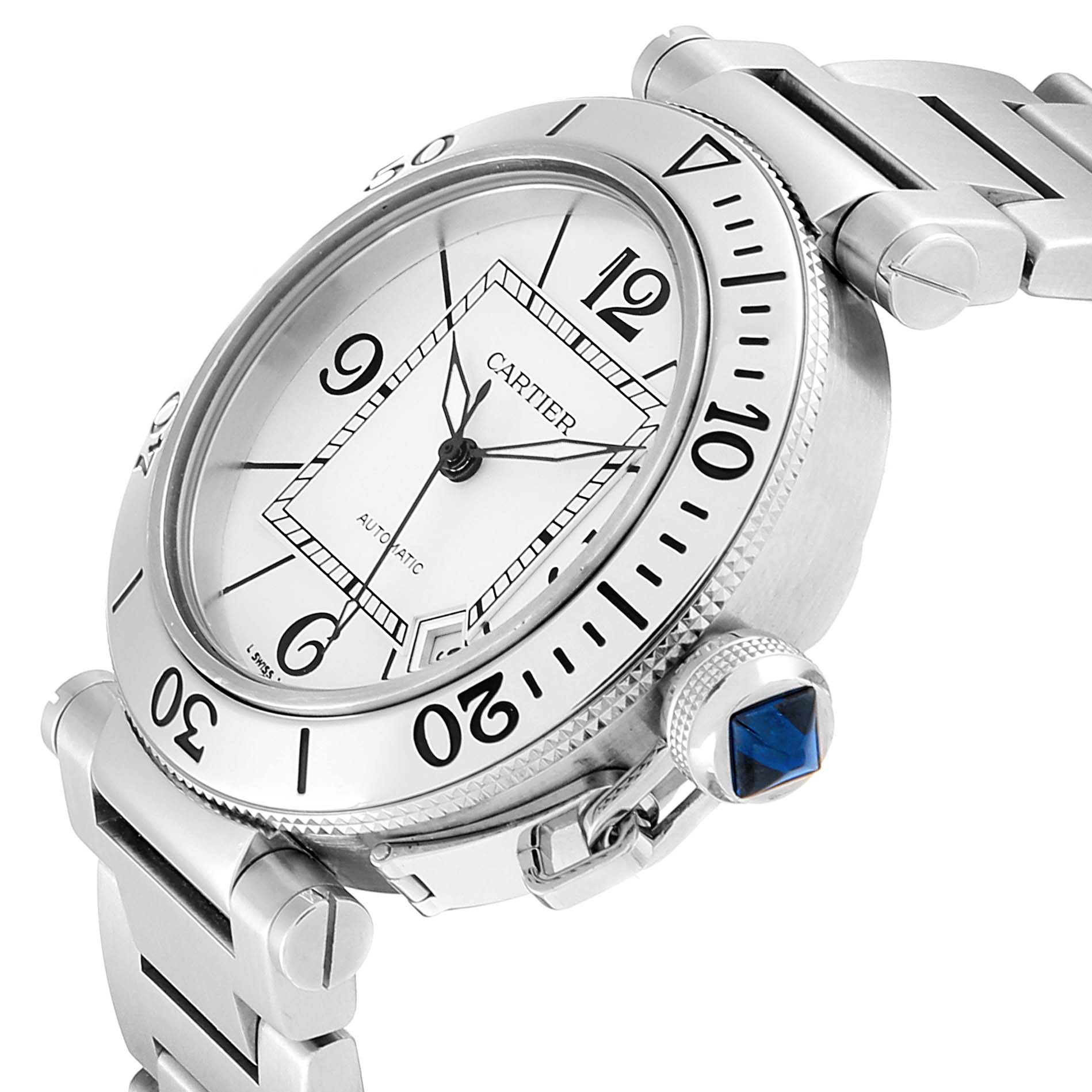 The image shows a Cartier Pasha W31080M7 Men's Stainless Steel Silver Dial W31080M7 Men's Stainless Steel Silver Dial watch at a slight angle, displaying the face, bezel, bracelet, and crown with a blue gemstone.