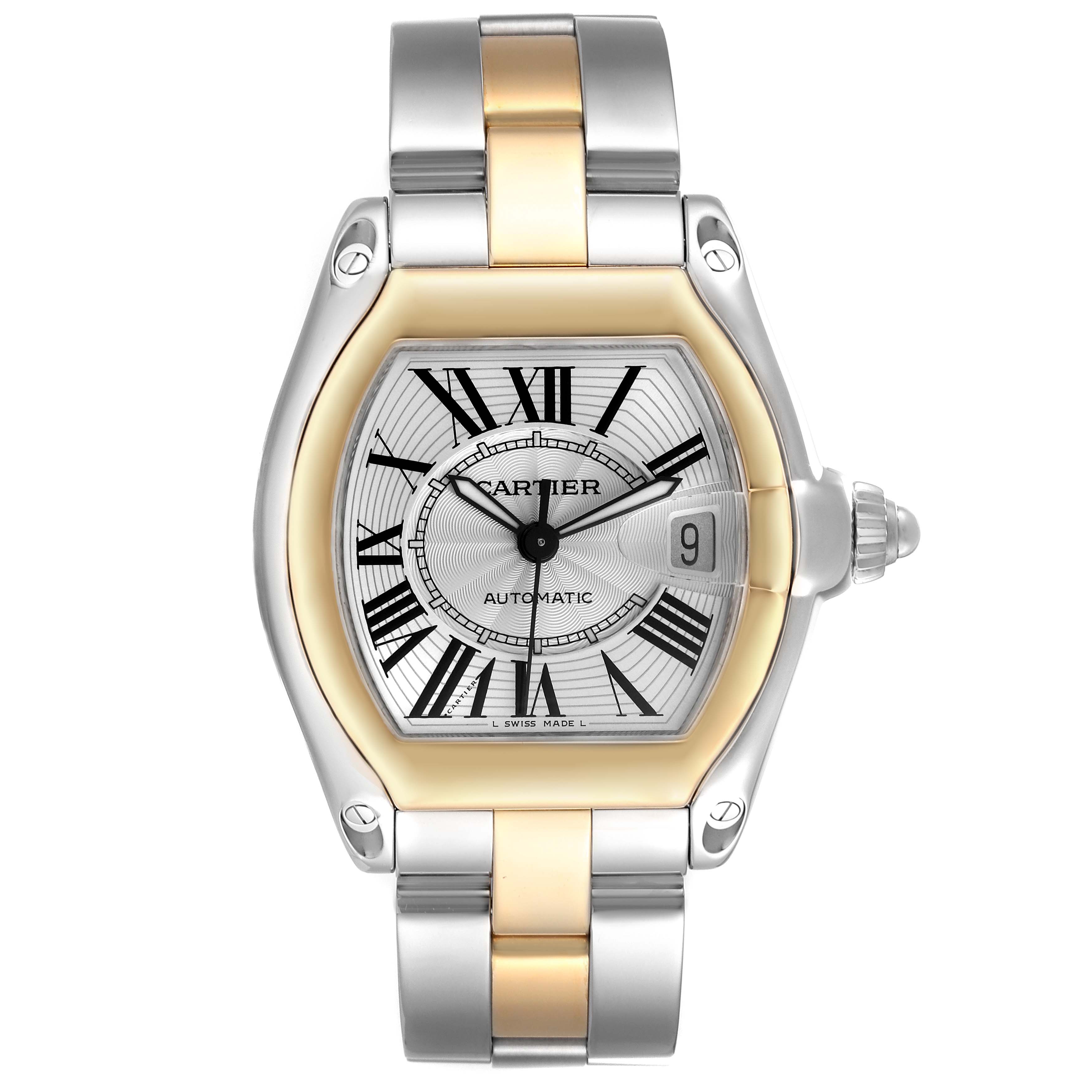 The Cartier Roadster W62031Y4 Men
s Steel and Gold (two tone) Silver Dial W62031Y4 Men
s Steel and Gold (two tone) Silver Dial watch is shown from the front, displaying its face, case, and bracelet with a mix of silver and gold tones.