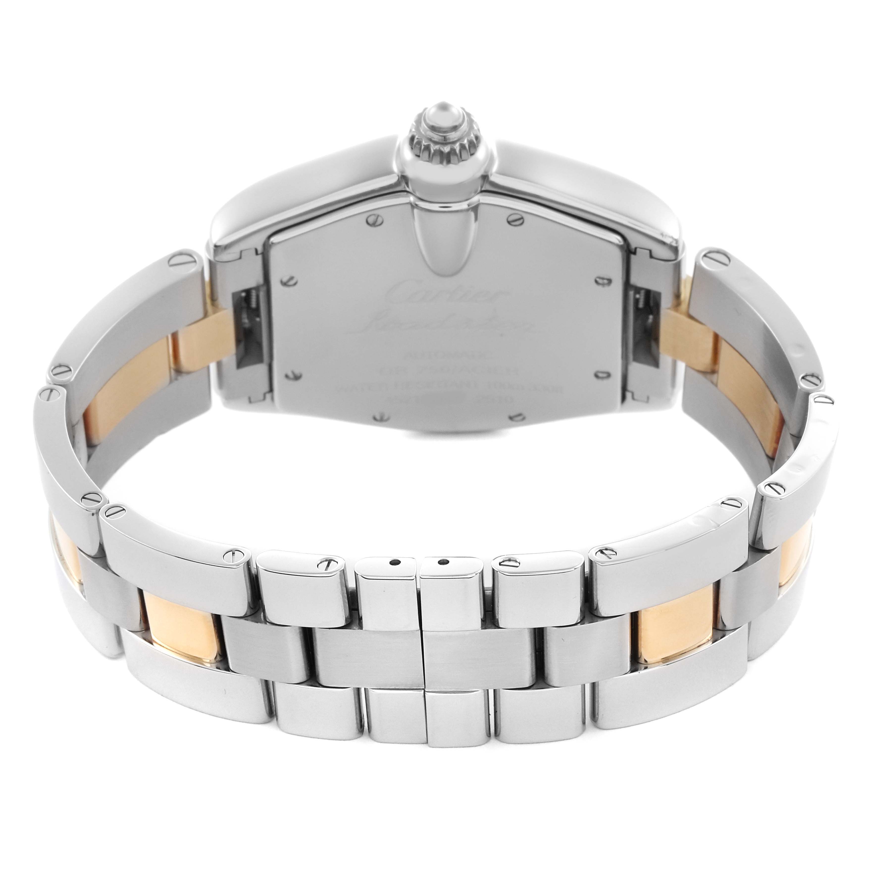 The Cartier Roadster W62031Y4 Men
s Steel and Gold (two tone) Silver Dial W62031Y4 Men
s Steel and Gold (two tone) Silver Dial watch is shown from the back, highlighting its case back and a two-tone metal bracelet.