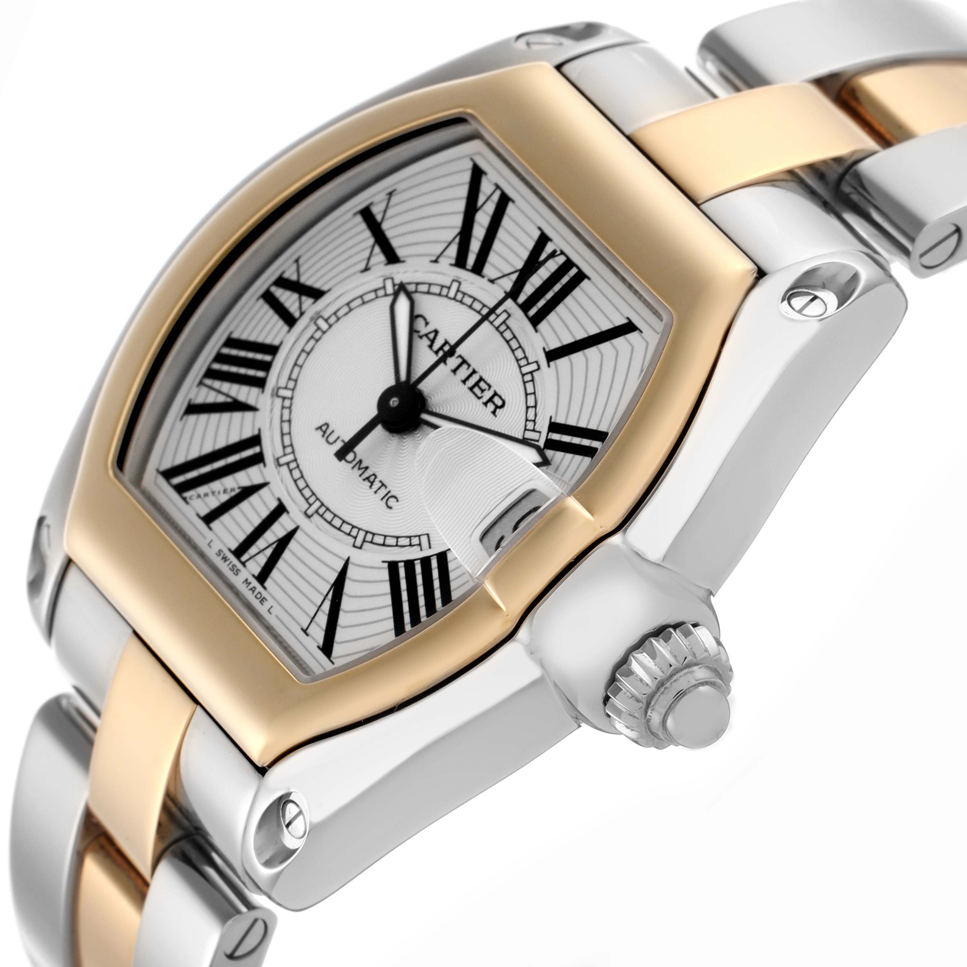 The Cartier Roadster W62031Y4 Men
s Steel and Gold (two tone) Silver Dial W62031Y4 Men
s Steel and Gold (two tone) Silver Dial watch is shown at an angle highlighting the dial, crown, and two-tone bracelet.