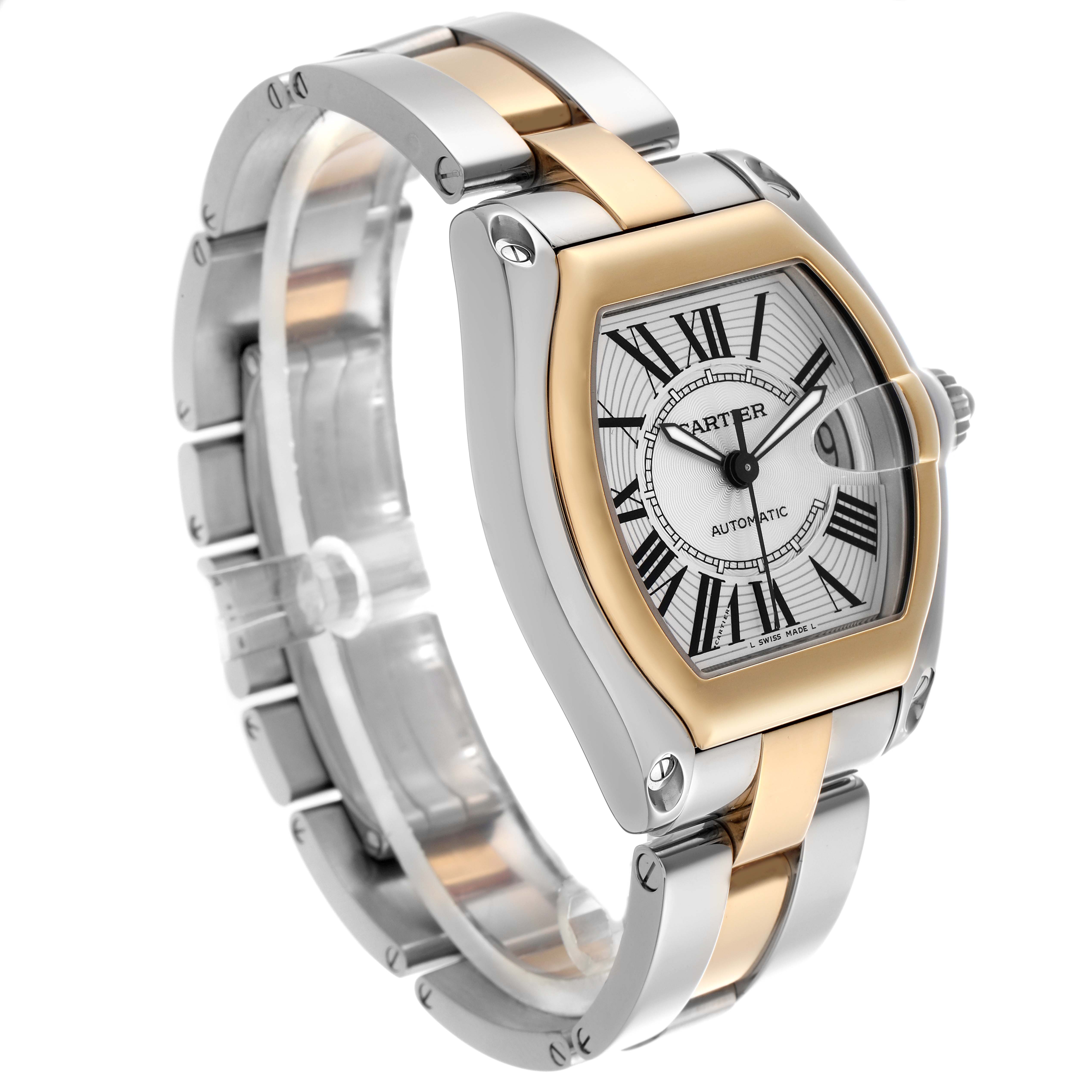 The Cartier Roadster W62031Y4 Men
s Steel and Gold (two tone) Silver Dial W62031Y4 Men
s Steel and Gold (two tone) Silver Dial watch is shown at a three-quarter angle, highlighting the face, bezel, and bracelet.