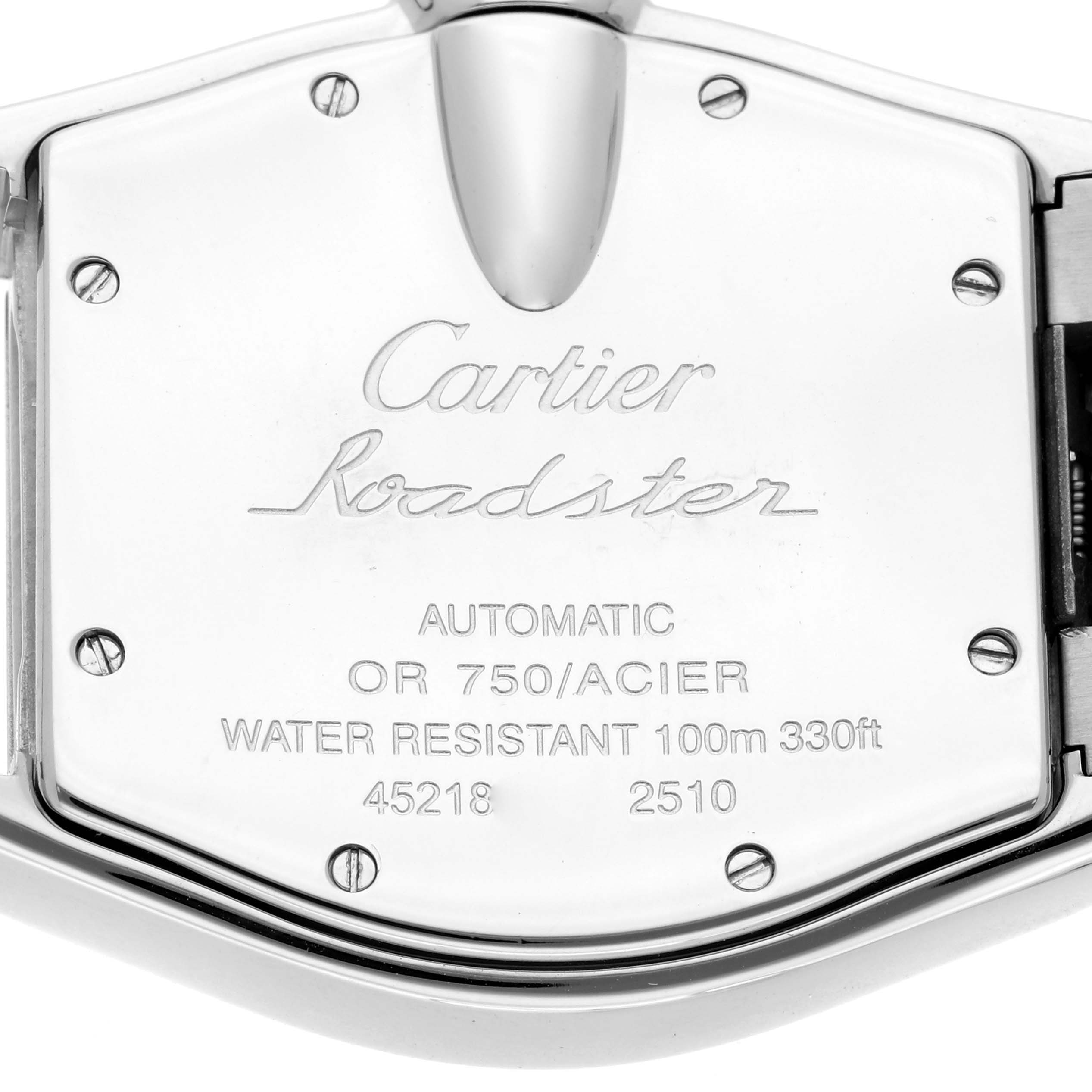 The image shows the back case of a Cartier Roadster W62031Y4 Men
s Steel and Gold (two tone) Silver Dial W62031Y4 Men
s Steel and Gold (two tone) Silver Dial watch, highlighting engraved details and screws.