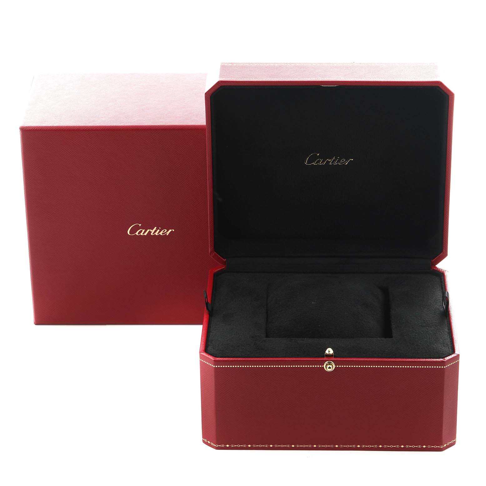 This image shows an open Cartier Roadster W62031Y4 Men
s Steel and Gold (two tone) Silver Dial W62031Y4 Men
s Steel and Gold (two tone) Silver Dial watch box, highlighting its exterior and interior detailing.