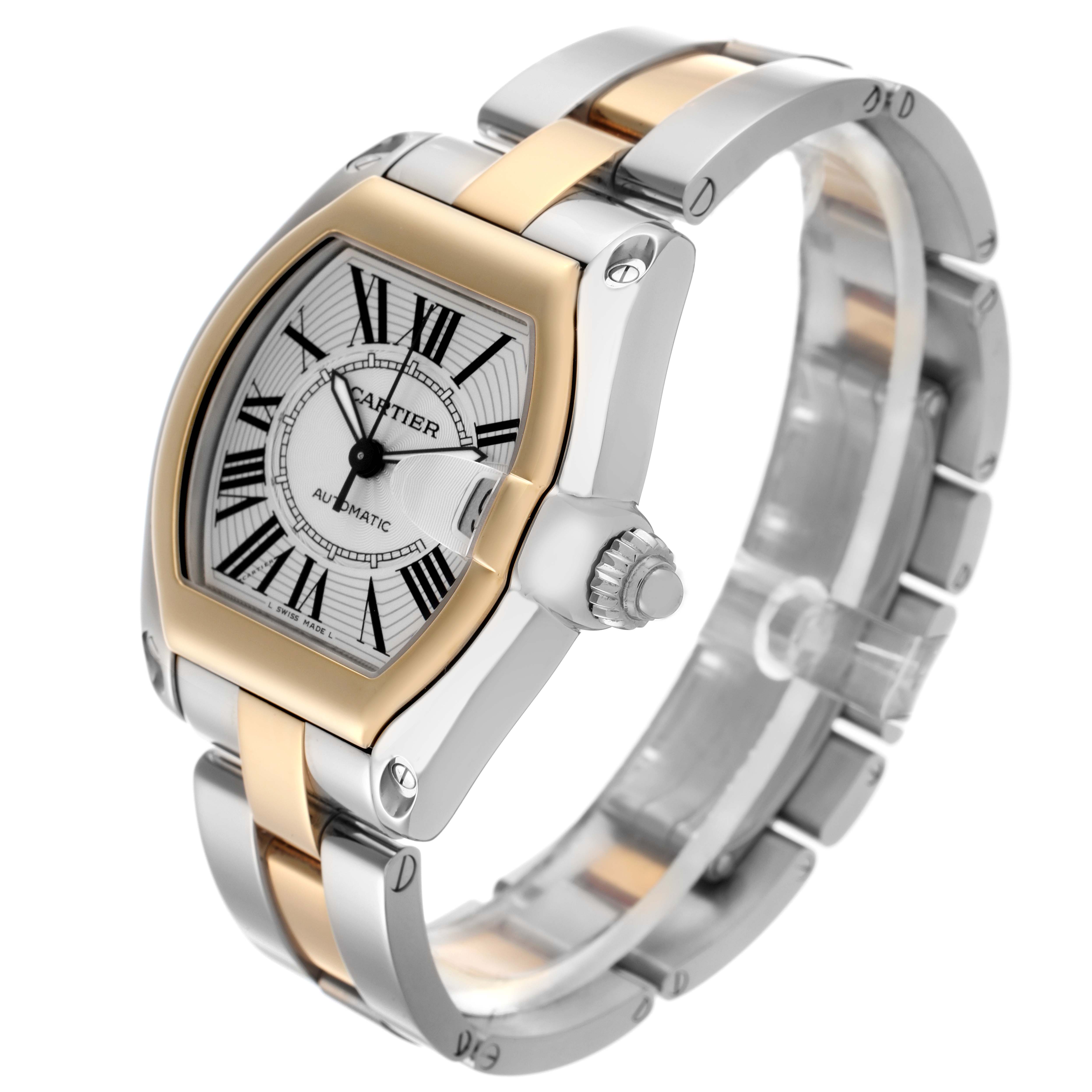 The Cartier Roadster W62031Y4 Men
s Steel and Gold (two tone) Silver Dial W62031Y4 Men
s Steel and Gold (two tone) Silver Dial watch is angled to show the face, case, crown, and part of the bracelet.