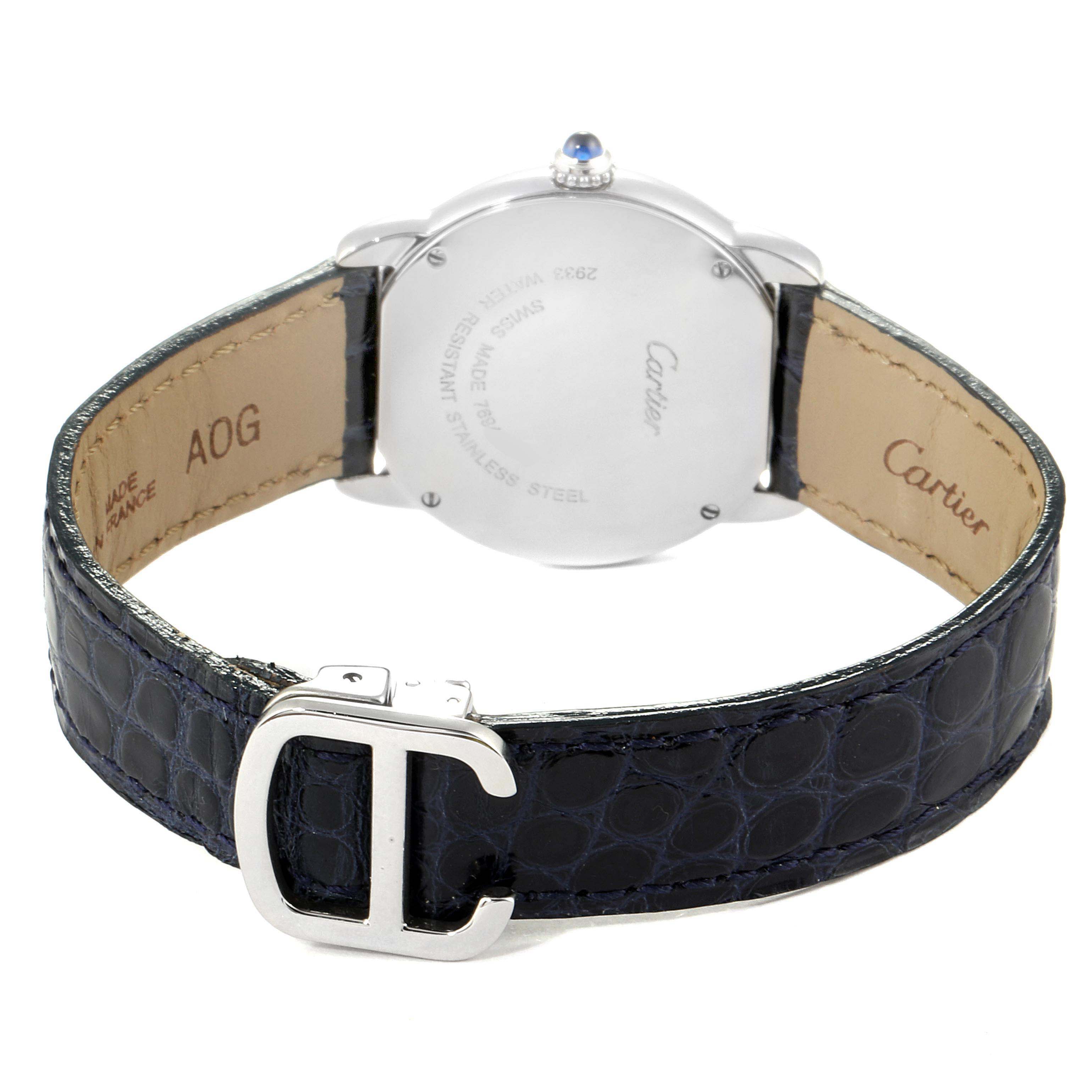 The image shows the back of a Cartier Ronde W6700155 Women's Stainless Steel Silver Dial W6700155 Women's Stainless Steel Silver Dial watch, including its black leather strap and clasp with a "C" logo.