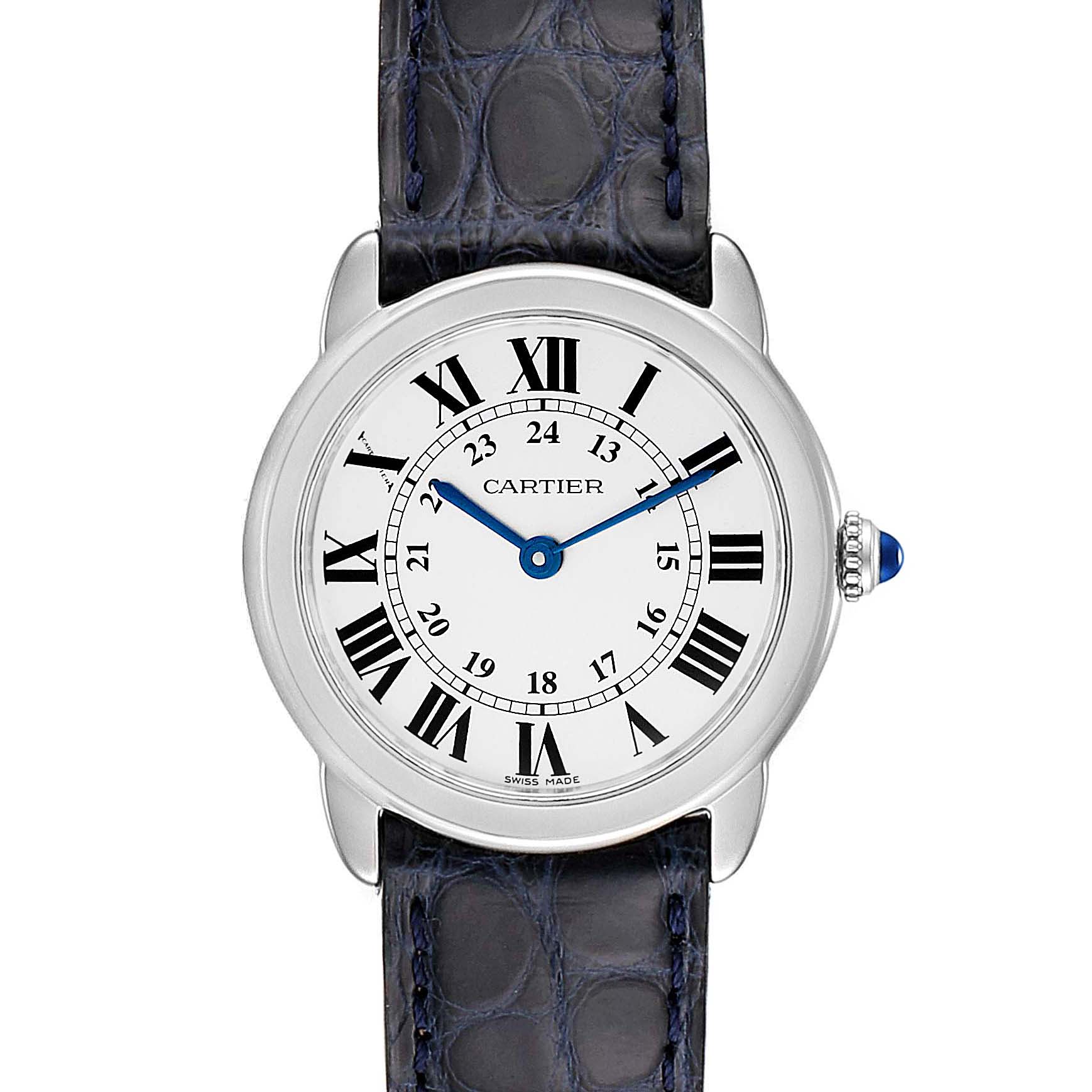 This image shows a front view of the Cartier Ronde W6700155 Women's Stainless Steel Silver Dial W6700155 Women's Stainless Steel Silver Dial watch, featuring a white dial with Roman numerals and a blue leather strap.