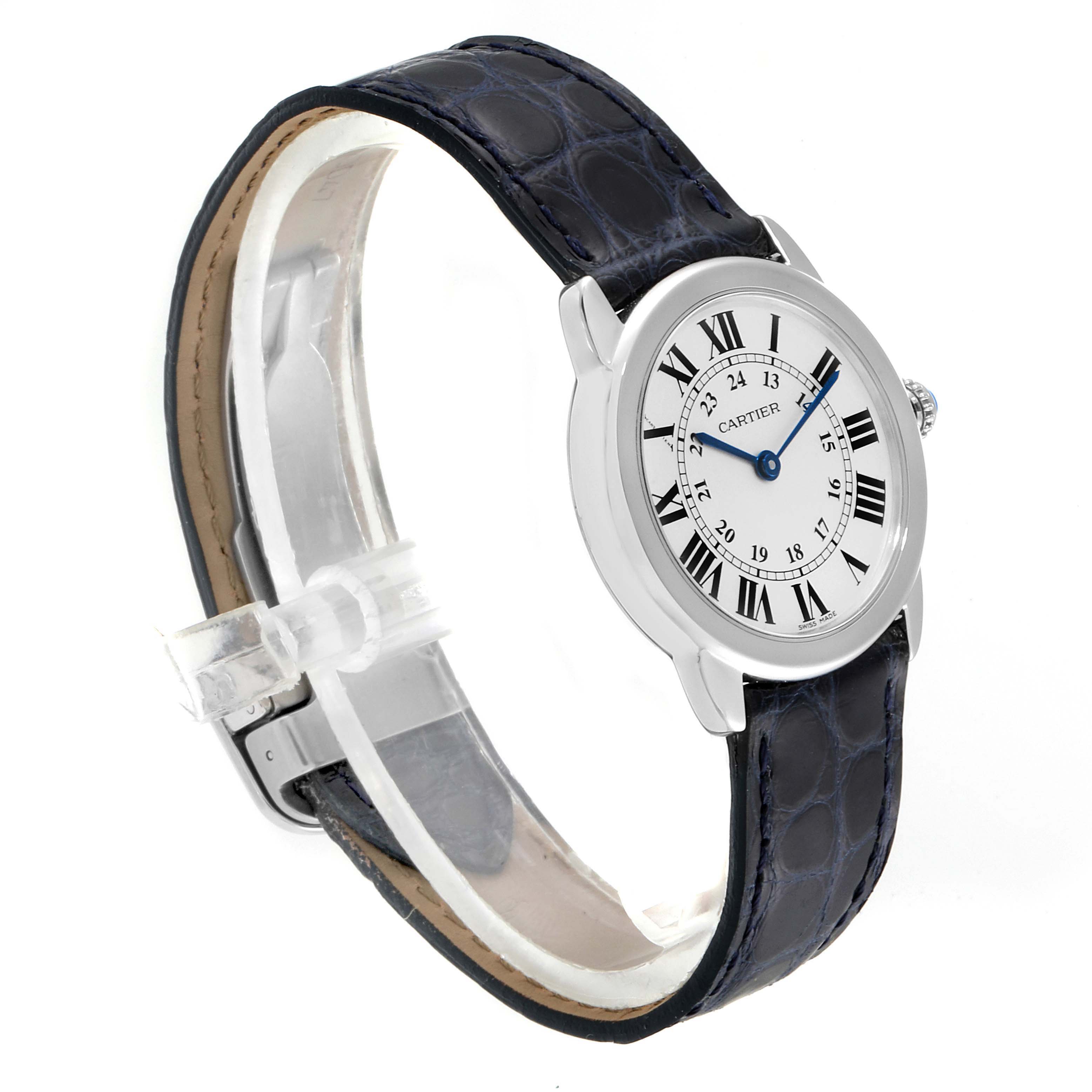 This image shows a Cartier Ronde W6700155 Women's Stainless Steel Silver Dial W6700155 Women's Stainless Steel Silver Dial watch displaying its face, bezel, and part of its black leather strap at an angled side view.